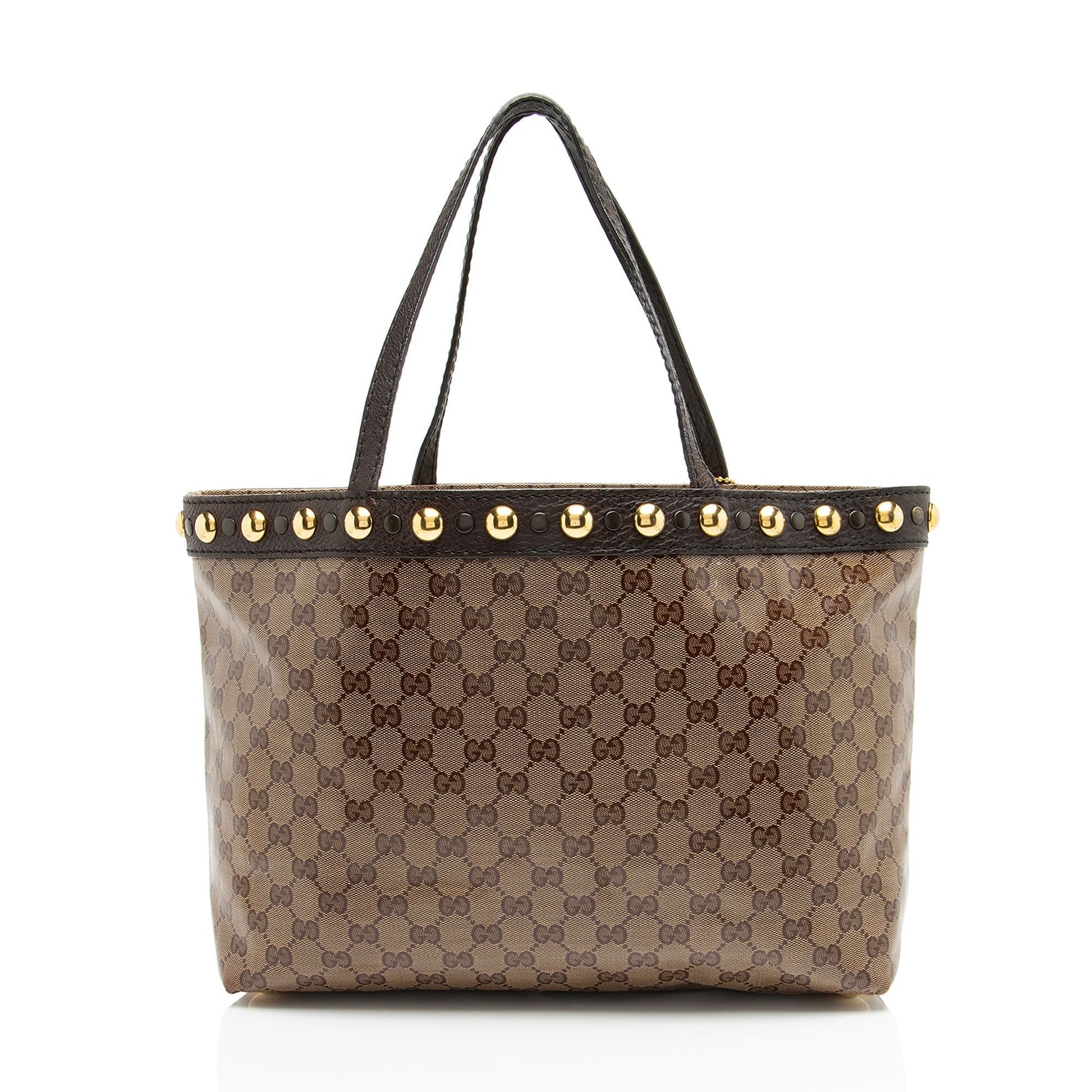 Gucci GG Crystal Babouska Leather Canvas Brown Medium Tote Bag