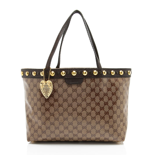 Gucci GG Crystal Babouska Leather Canvas Brown Medium Tote Bag