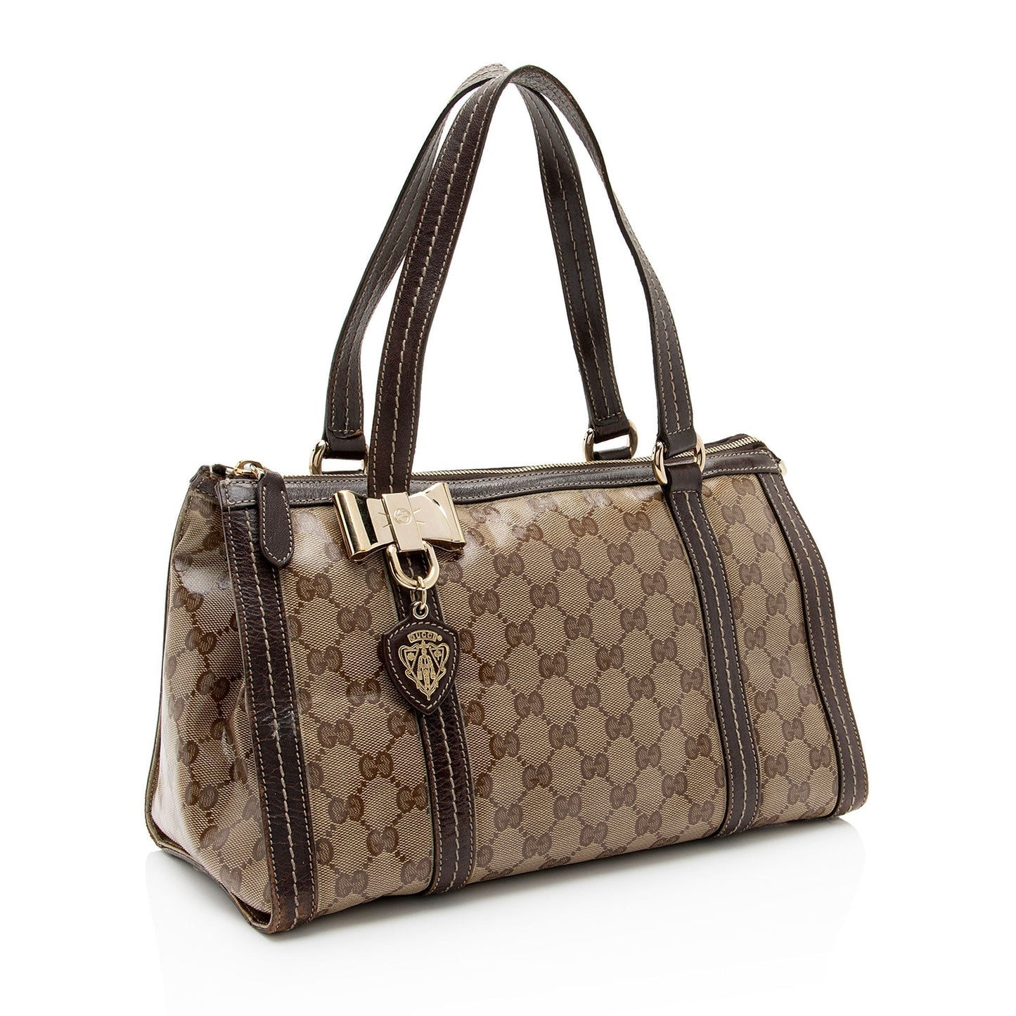 Gucci GG Crystal Duchessa Boston SHF-011vqr Leather Canvas Brown Beige Satchel Bag