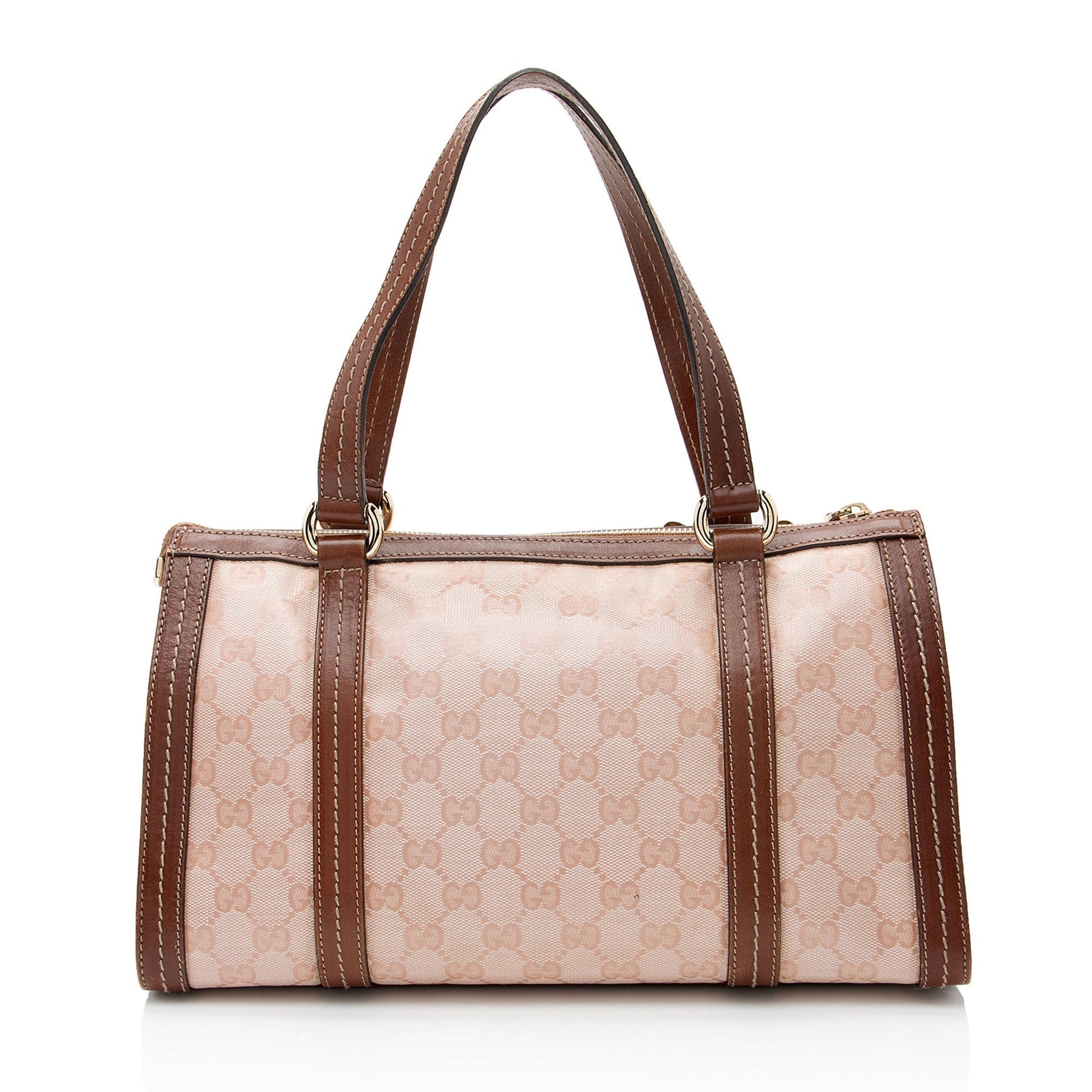 Gucci GG Crystal Duchessa Boston Leather Canvas Brown Pink Satchel Bag