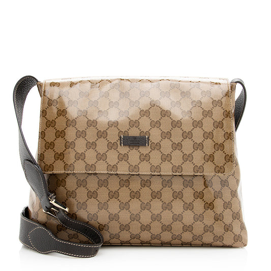 Gucci GG Crystal Messenger SHF Leather Canvas Beige Large Shoulder Bag