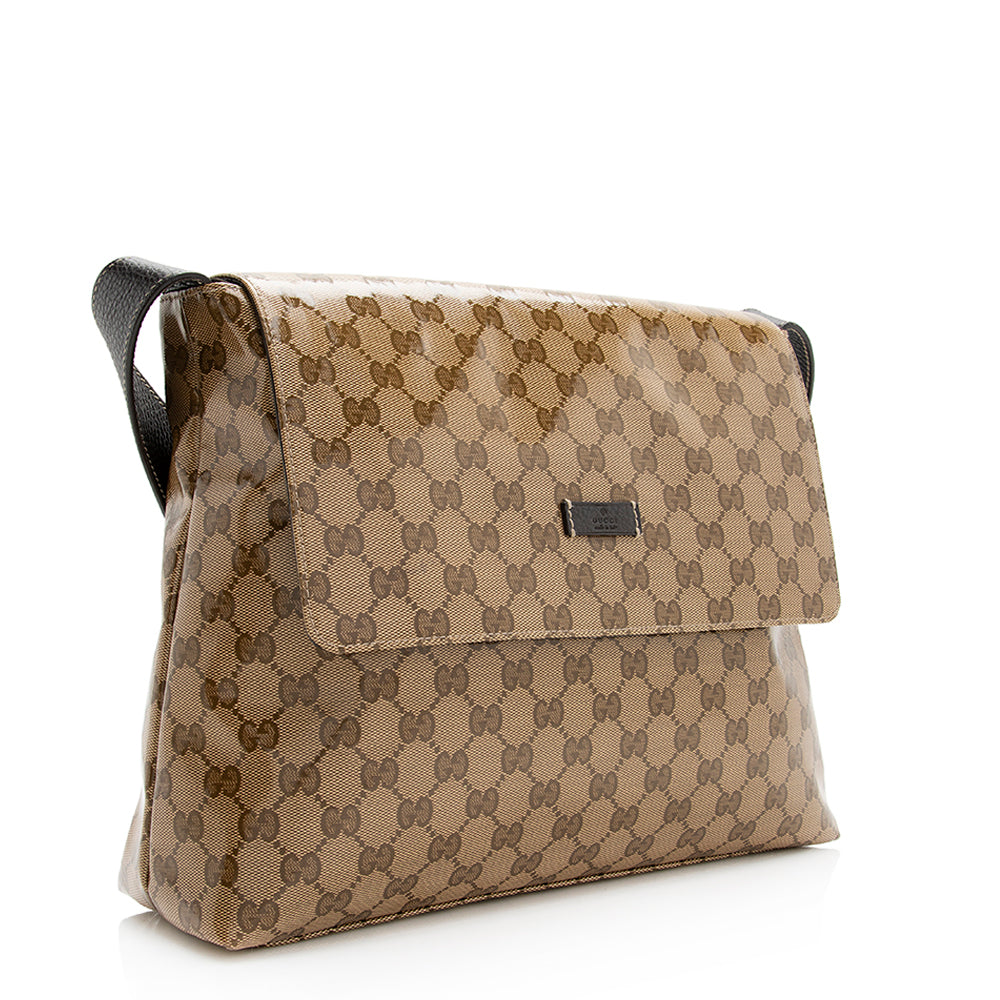 Gucci GG Crystal Messenger SHF Leather Canvas Beige Large Shoulder Bag