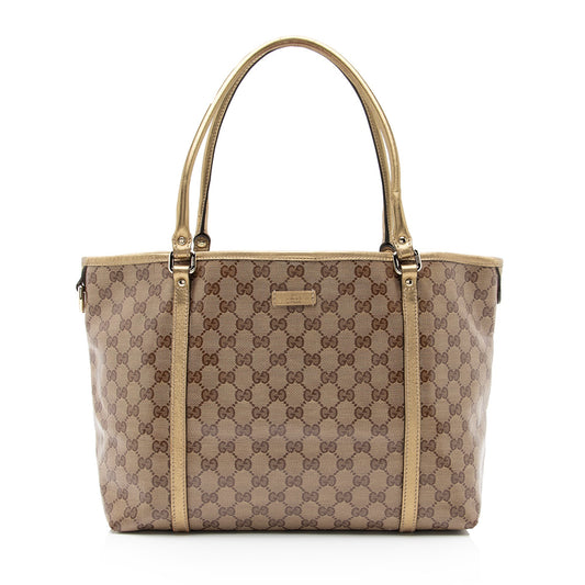 Gucci Crystal GG Joy SHF Leather Canvas Beige Gold Tote Bag