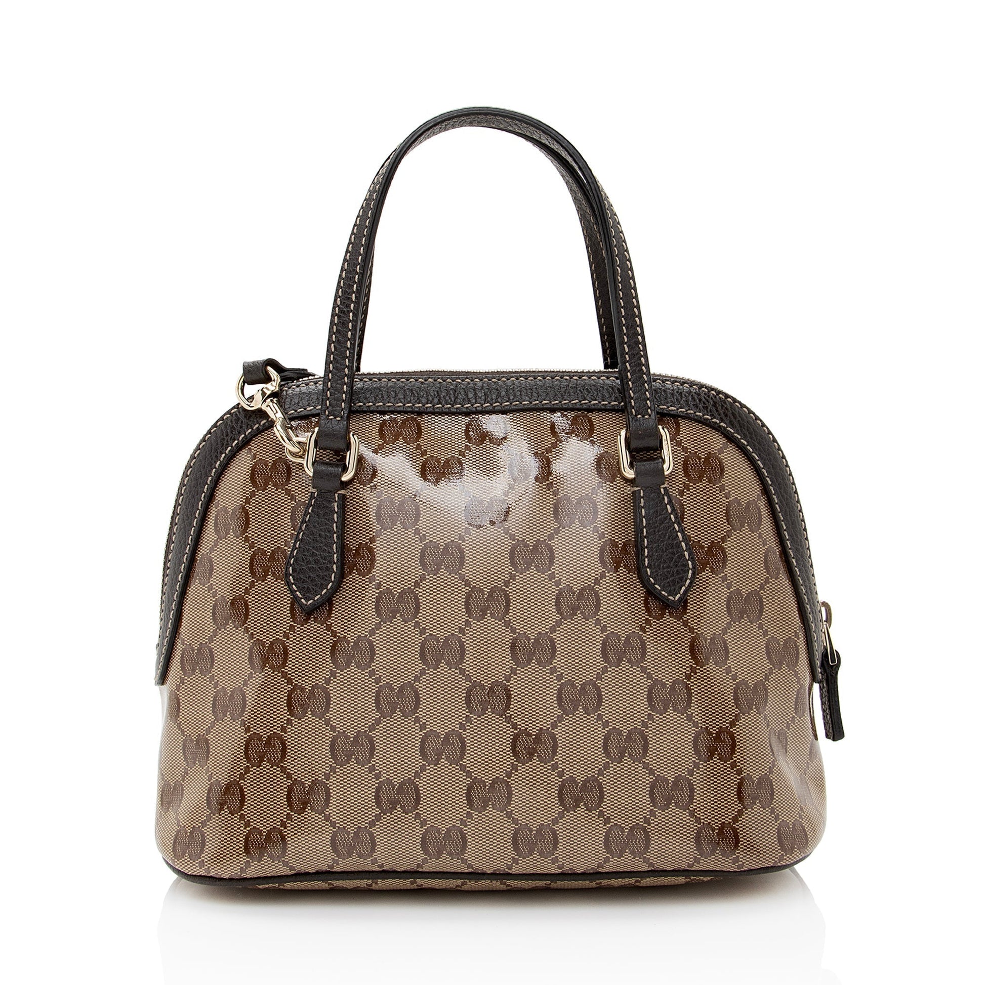 Gucci GG Crystal Dome SHF Leather Canvas Brown Beige Satchel Bag