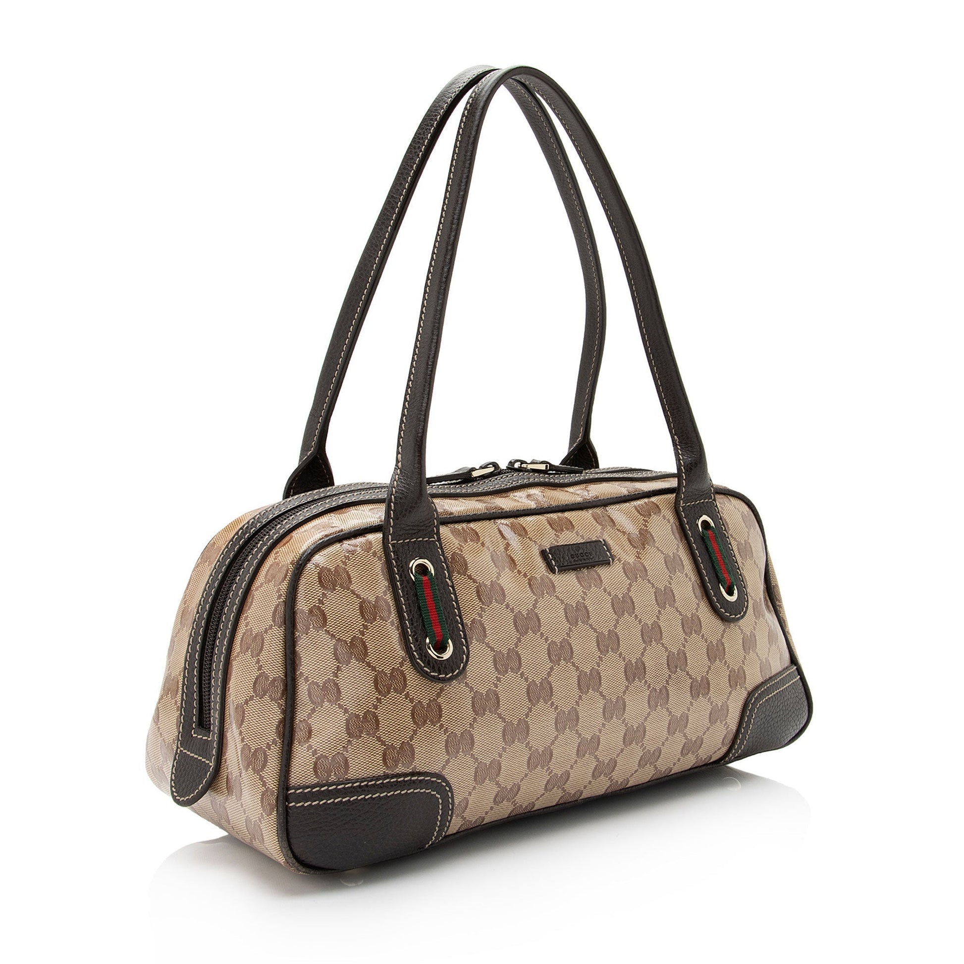Gucci GG Crystal Princy Boston SHF-fGaodx Leather Canvas Nylon Brown Satchel Bag