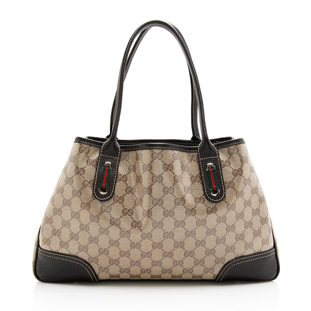Gucci GG Crystal Princy SHF Leather Canvas Brown Beige Tote Bag