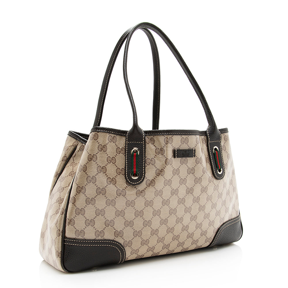 Gucci GG Crystal Princy SHF Leather Canvas Brown Beige Tote Bag