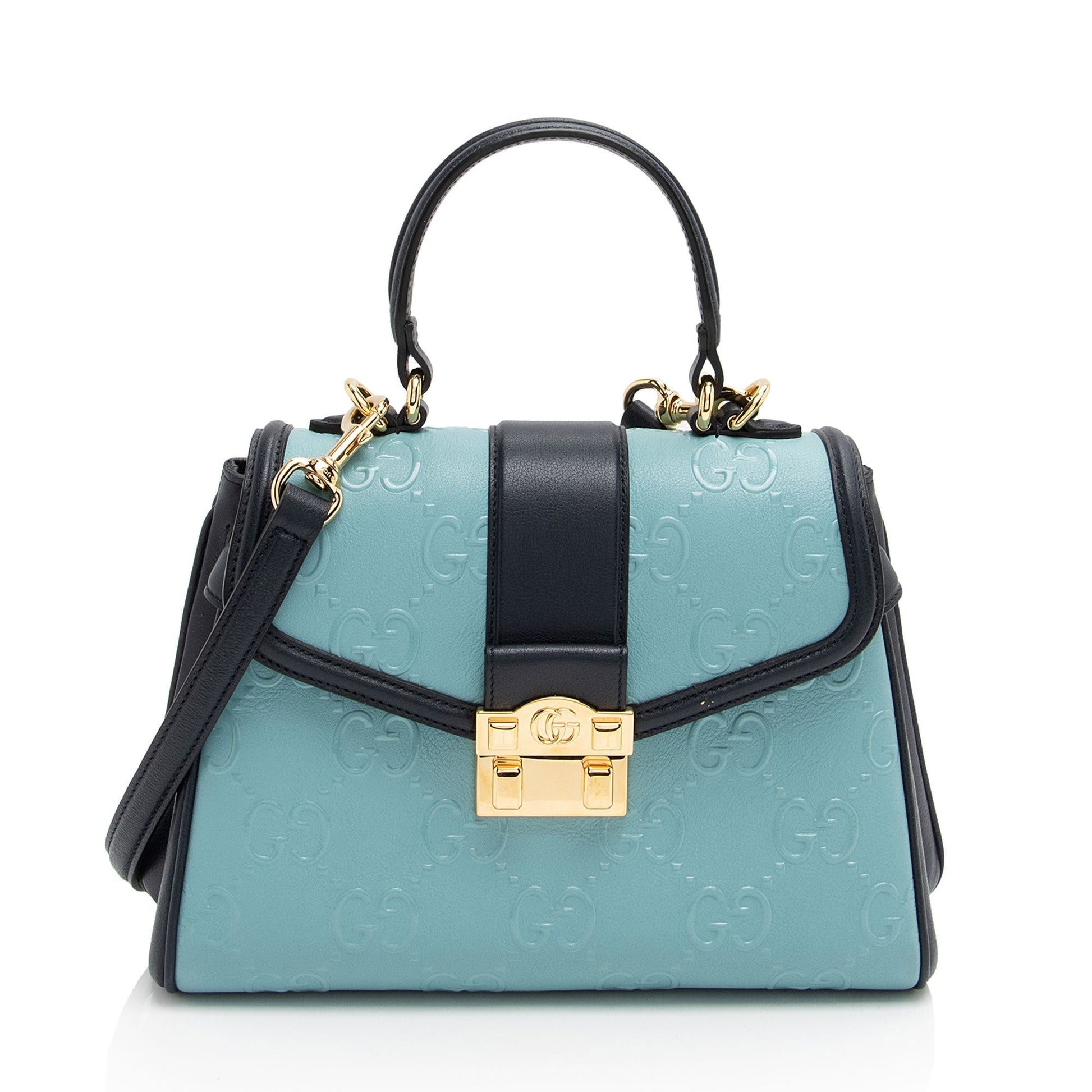 Gucci GG Debossed SHF-ur1BGP Leather Blue Small Top Handle Satchel Bag