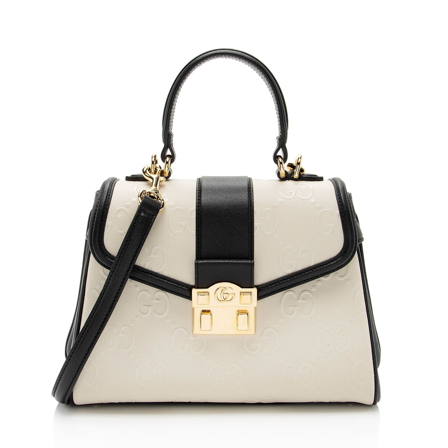 Gucci GG Debossed Top Handle SHF-hGmUB9 Leather Black White Small Satchel Bag