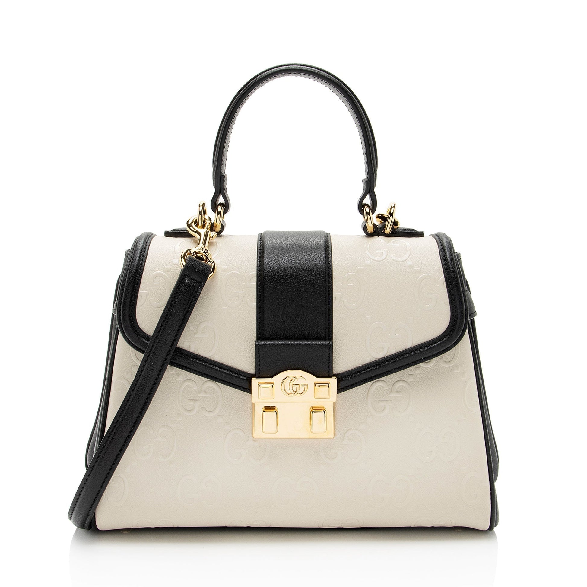 Gucci GG Debossed Top Handle SHF-hGmUB9 Leather Black White Small Satchel Bag