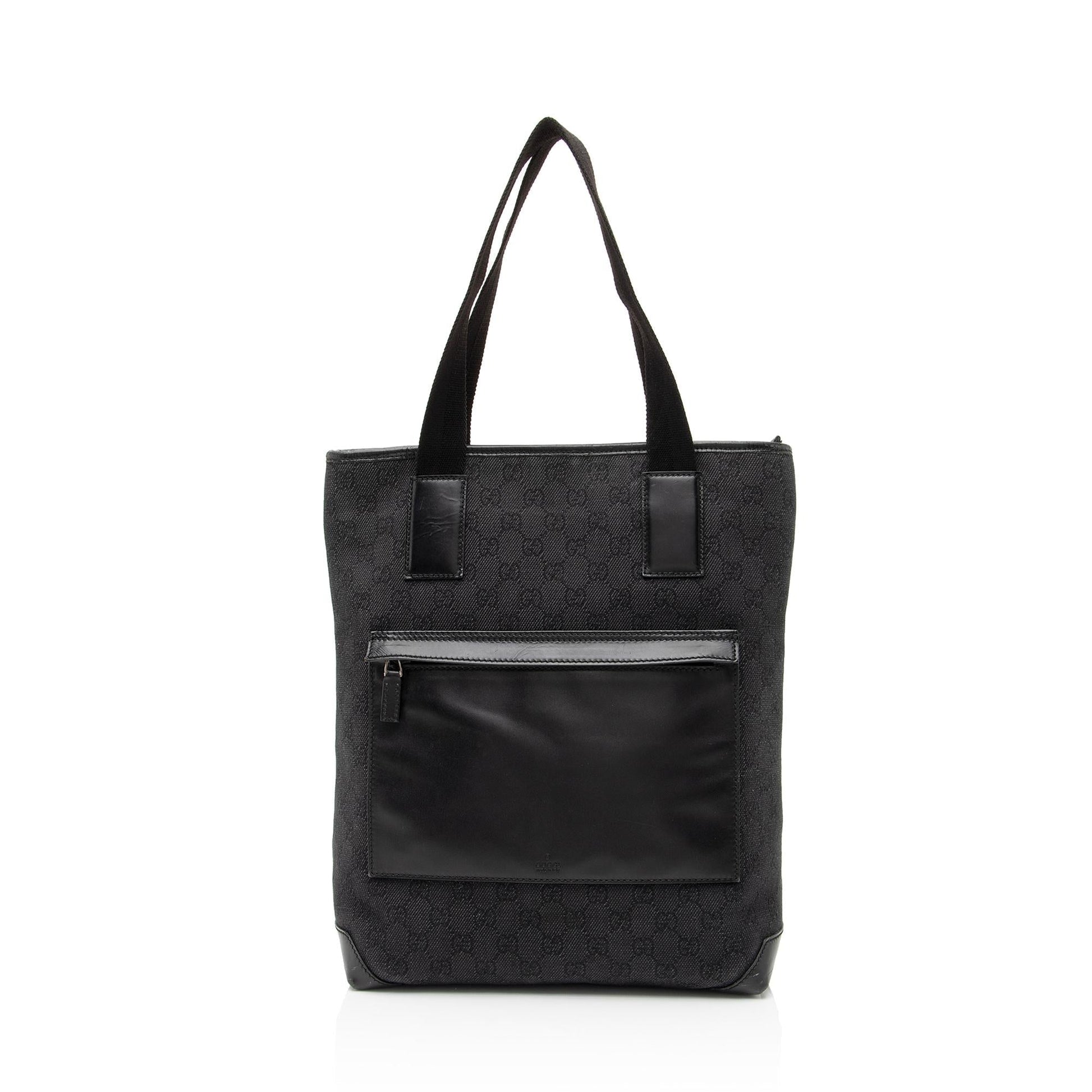 Gucci GG Front Pocket SHF Leather Denim Nylon Black Tote Bag