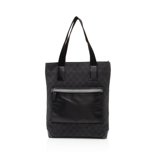Gucci GG Front Pocket SHF Leather Denim Nylon Black Tote Bag