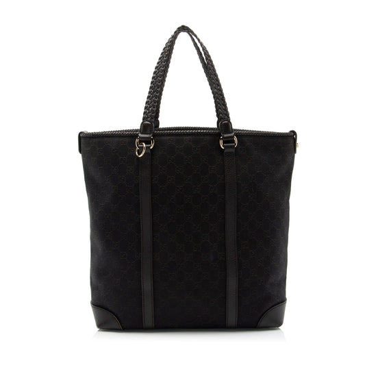 Gucci GG Marrakech Leather Canvas Denim Black Tote Bag