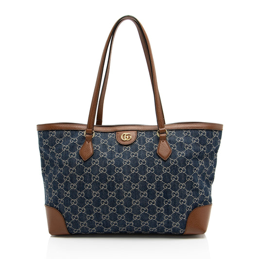 Gucci GG Ophidia SHF-eW1J5L Leather Denim Brown Blue Tote Bag