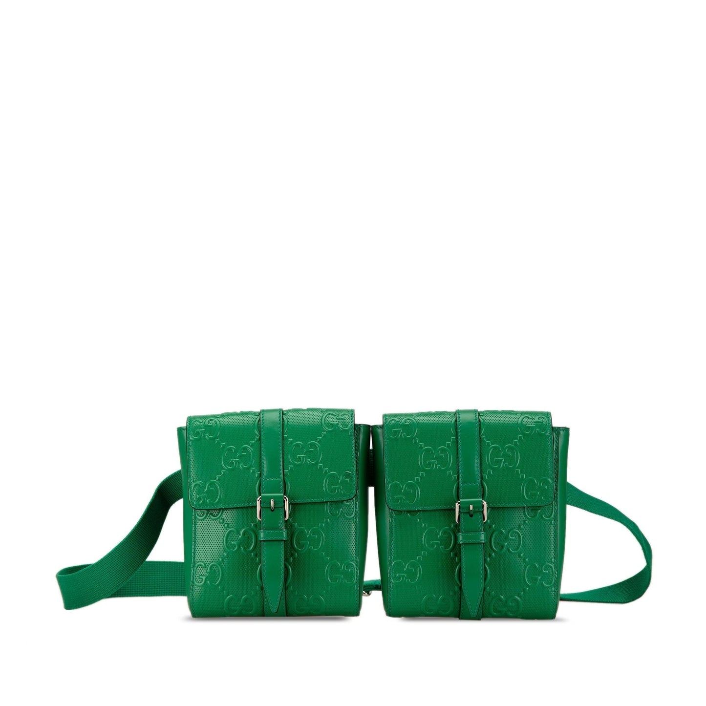 Gucci GG Embossed Perforated Double Belt Calf Green Accessory