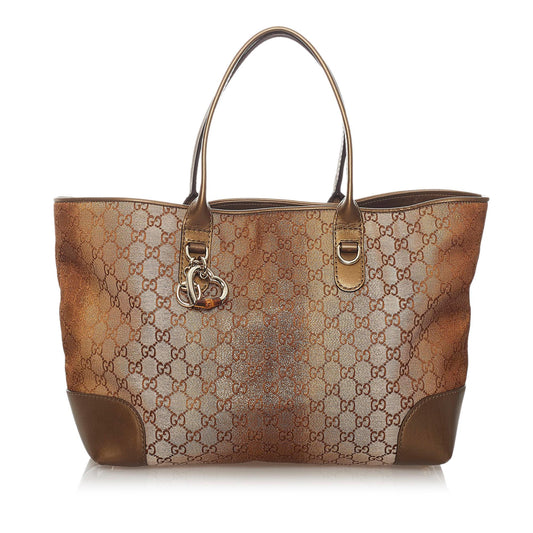 Gucci GG Lurex Heart Bit SHG Canvas Calf Brown Tote Bag