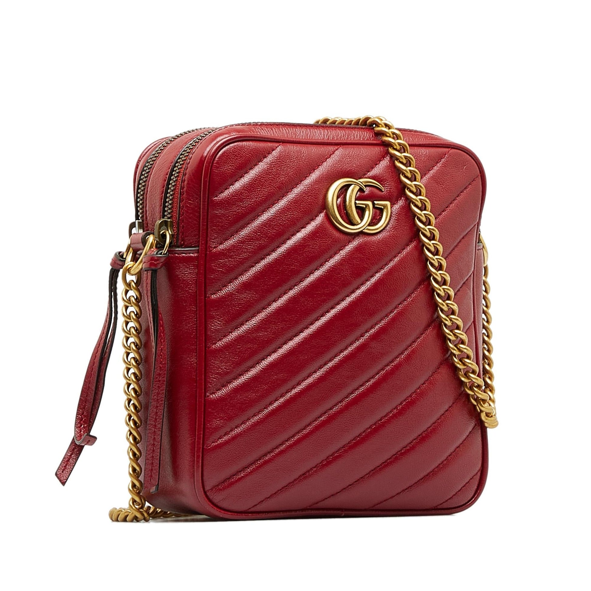 Gucci GG Marmont Double Zip Camera Calf Red Crossbody Bag Shg Mclmnu