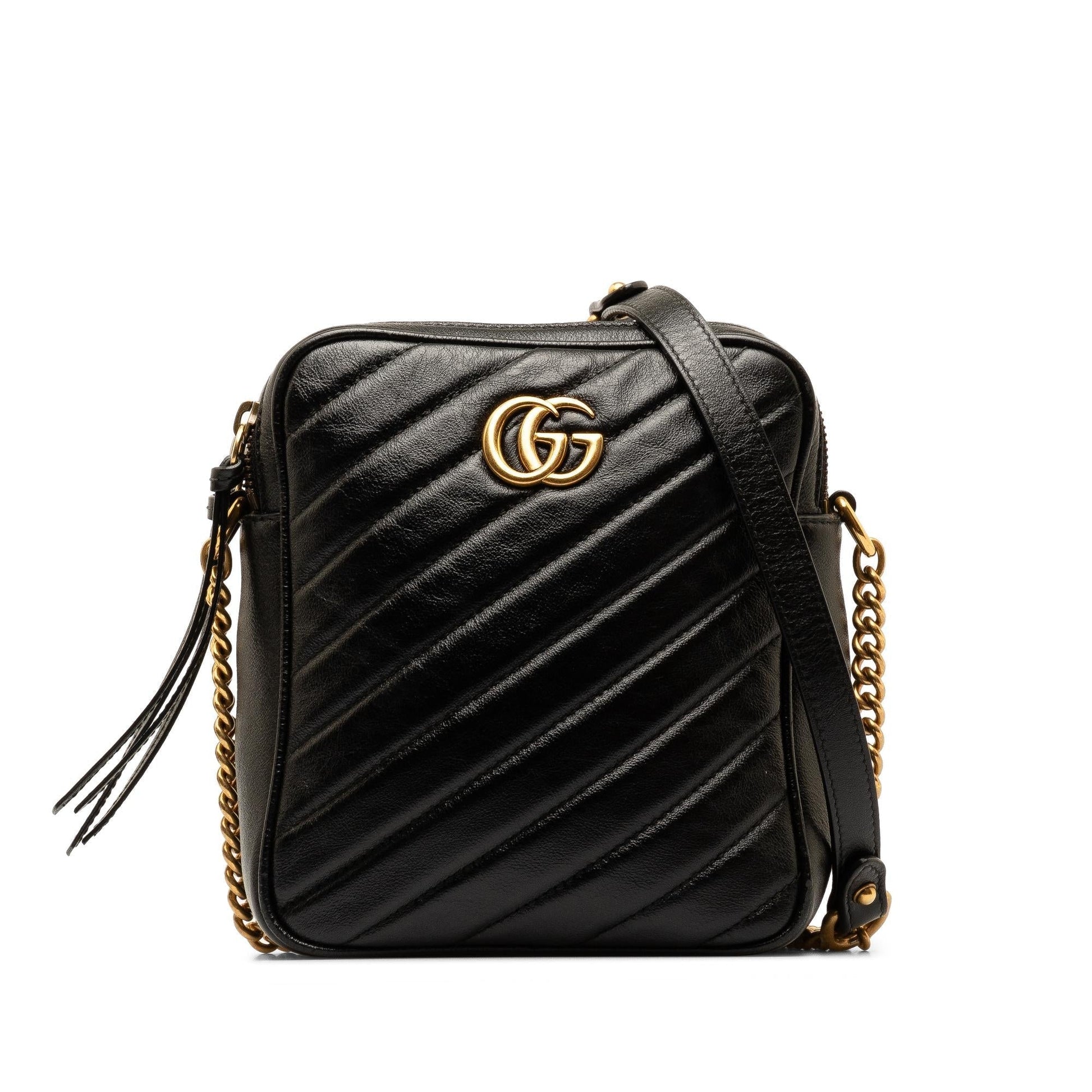 Gucci GG Marmont Double Zip Camera Calf Black Crossbody Bag
