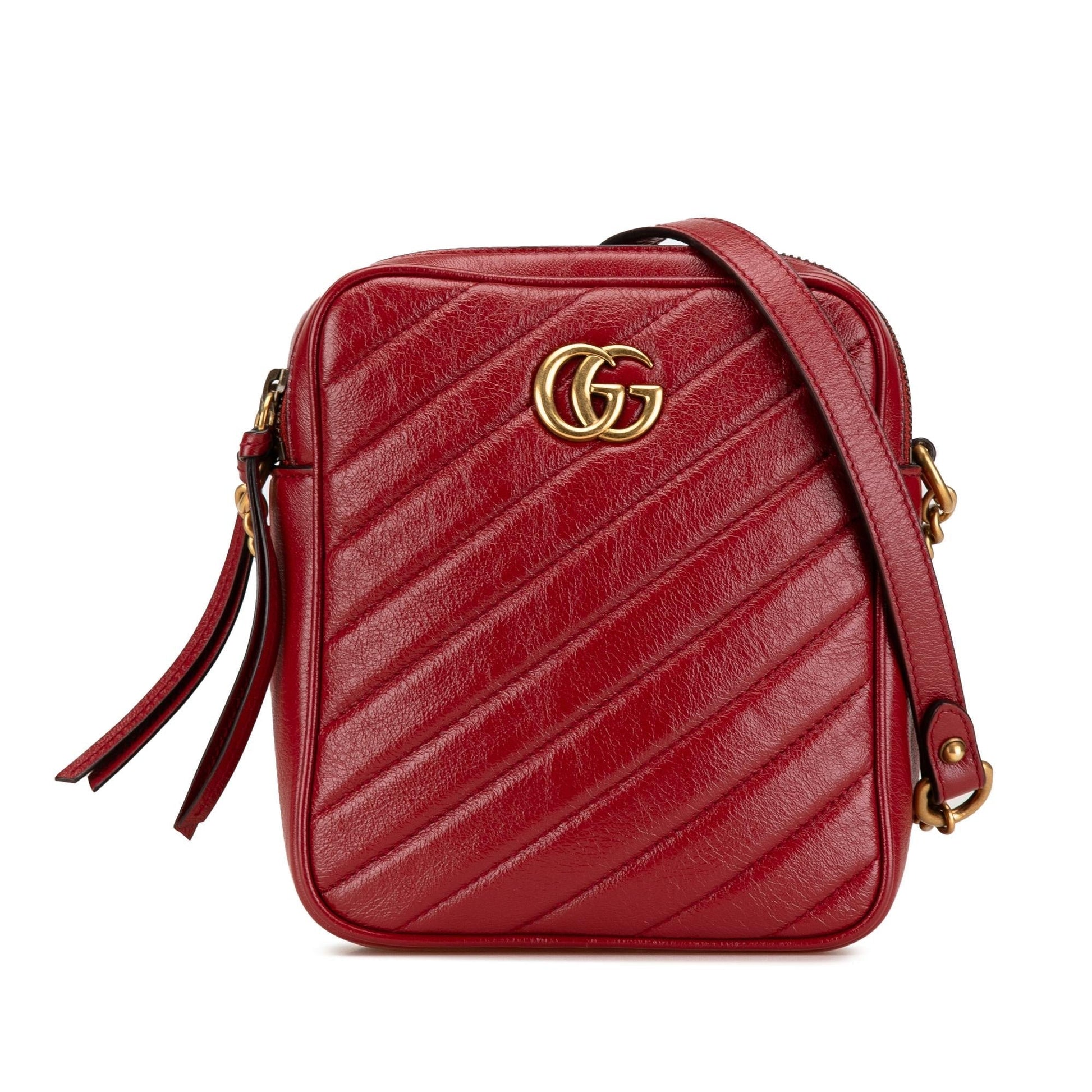 Gucci GG Marmont Double Zip Camera Calf Red Crossbody Bag