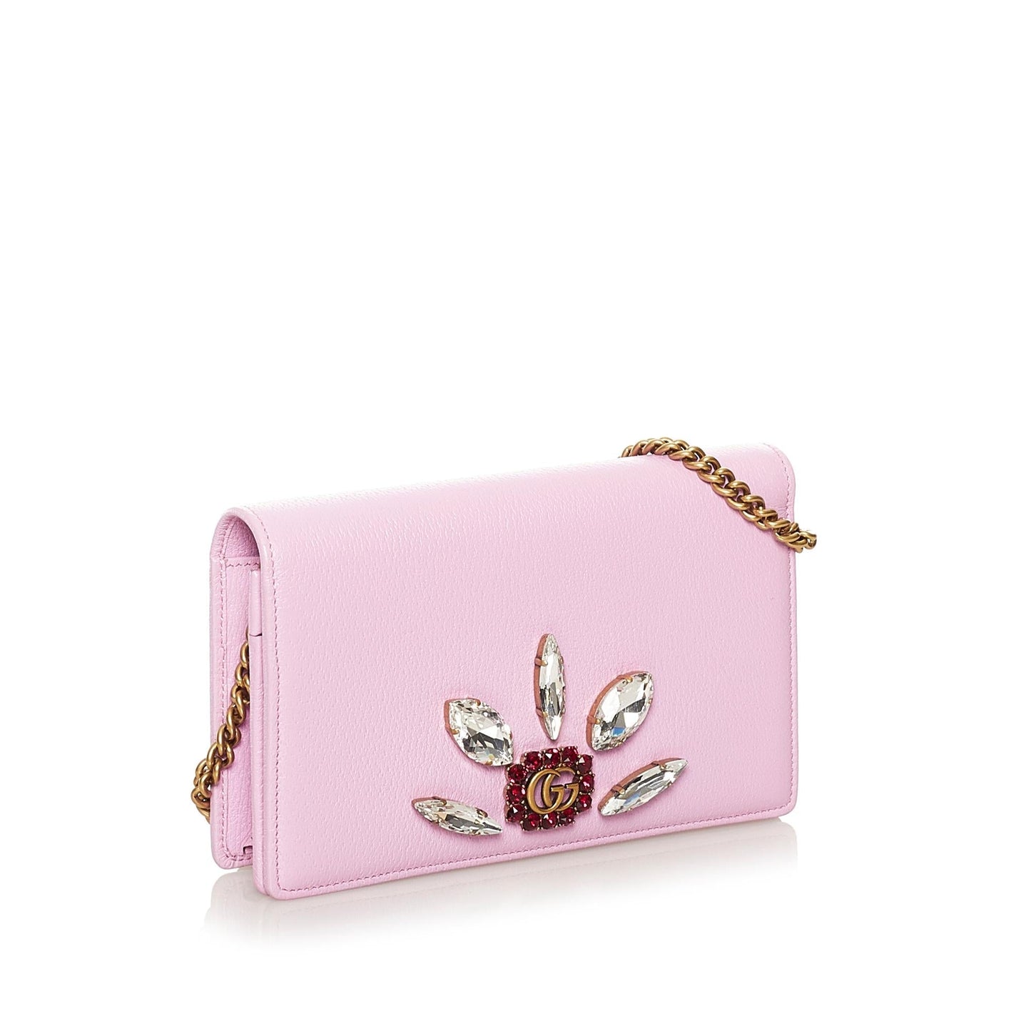 Gucci GG Marmont Embellished Wallet On Calf Pink Chain Crossbody Bag Chain Shg