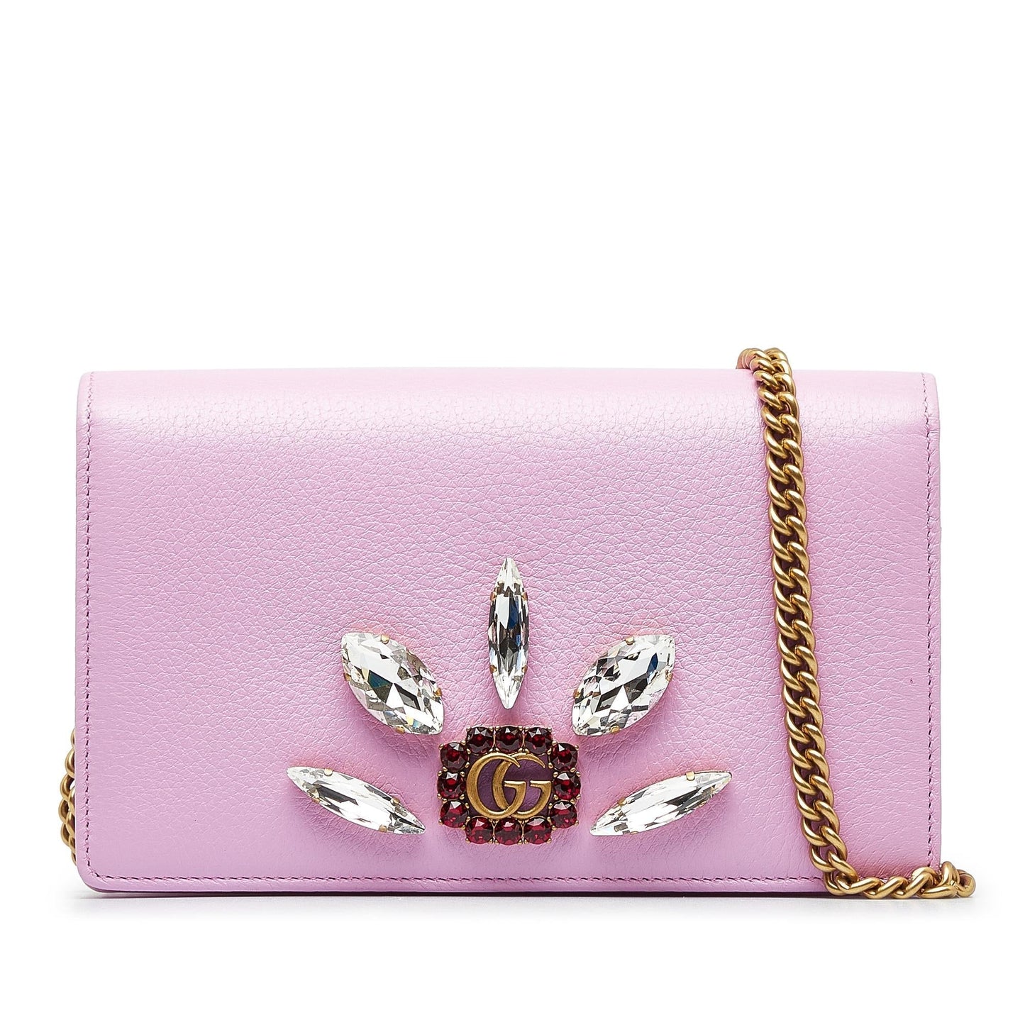 Gucci GG Marmont Embellished Wallet On Calf Pink Chain Crossbody Bag