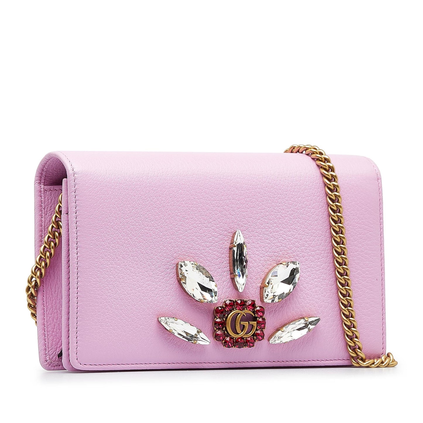 Gucci GG Marmont Embellished Wallet On Calf Pink Chain Crossbody Bag