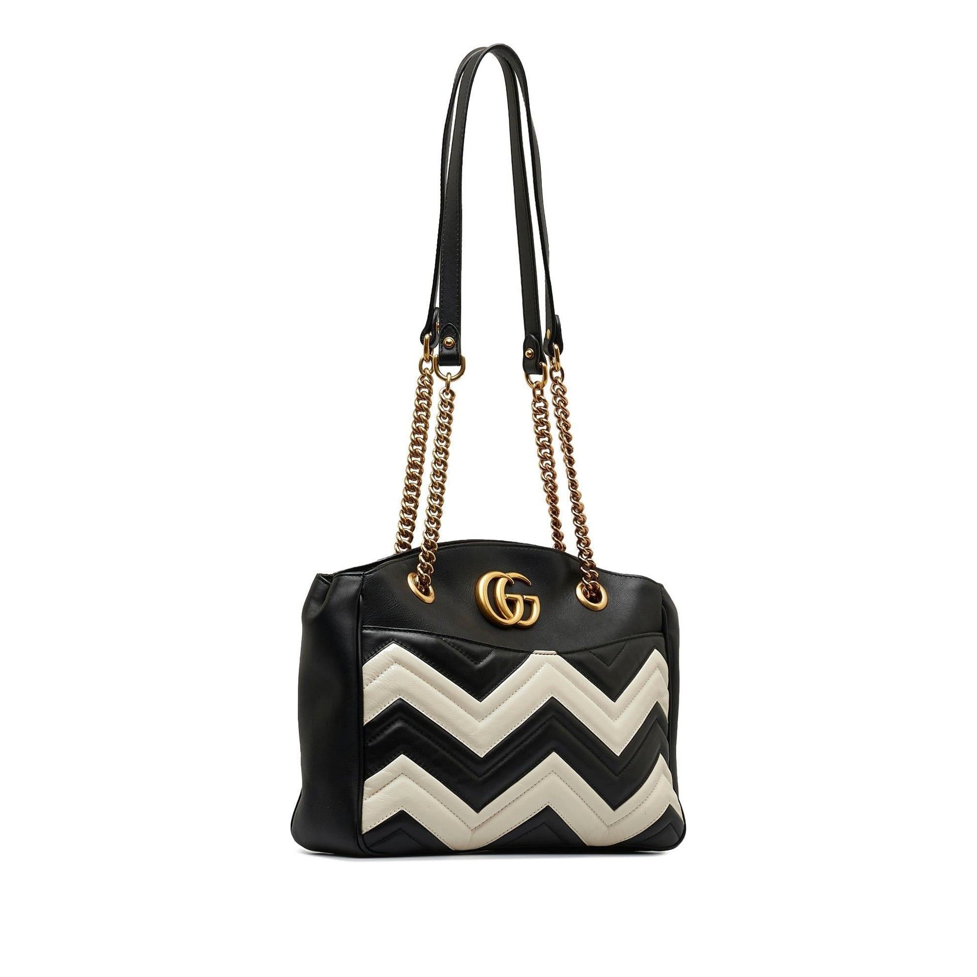 Gucci GG Marmont Chain SHG-GMyiRZ Matelasse Calf Black White Shoulder Bag