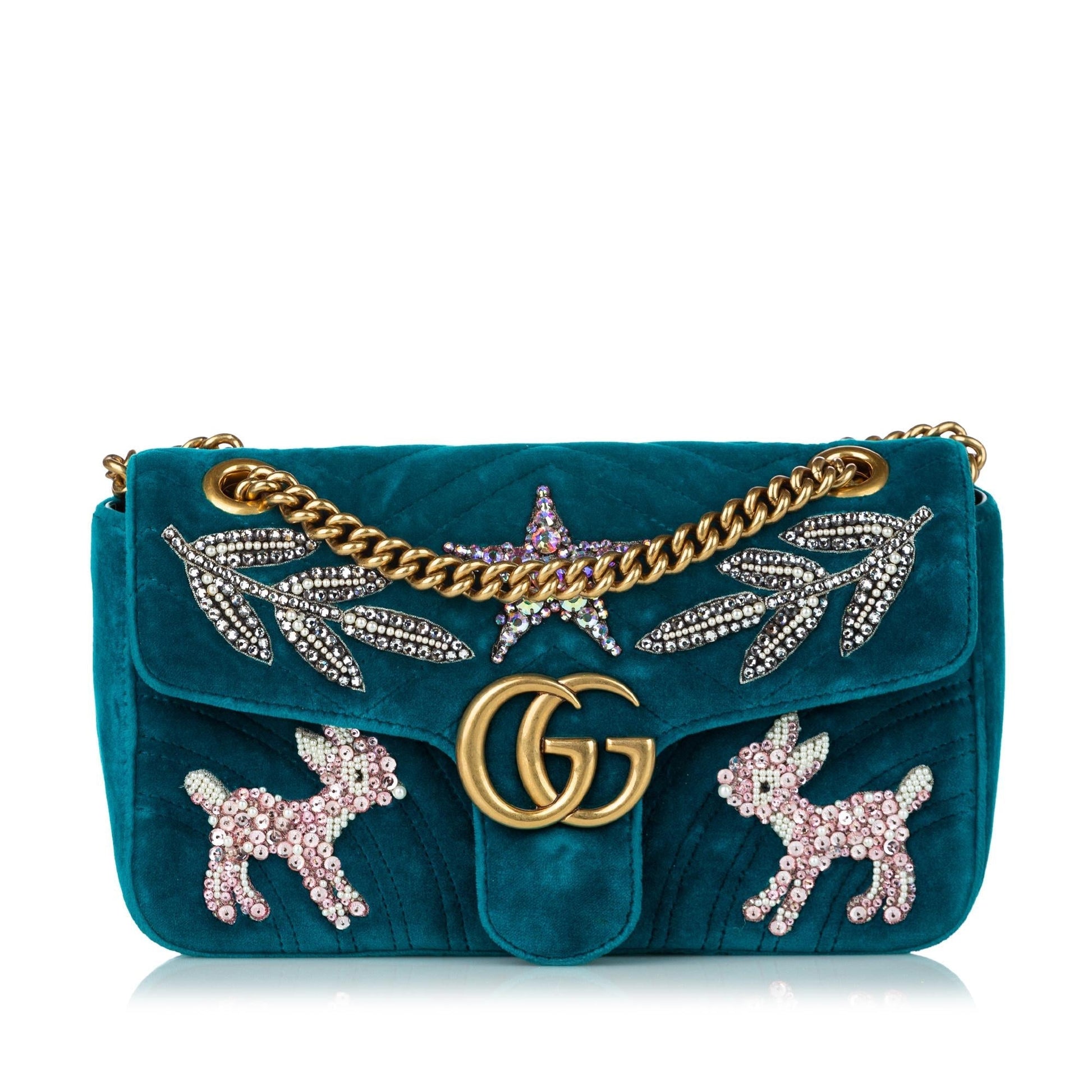 Gucci GG Marmont Embellished Velvet SHG Matelasse Blue Crossbody Bag