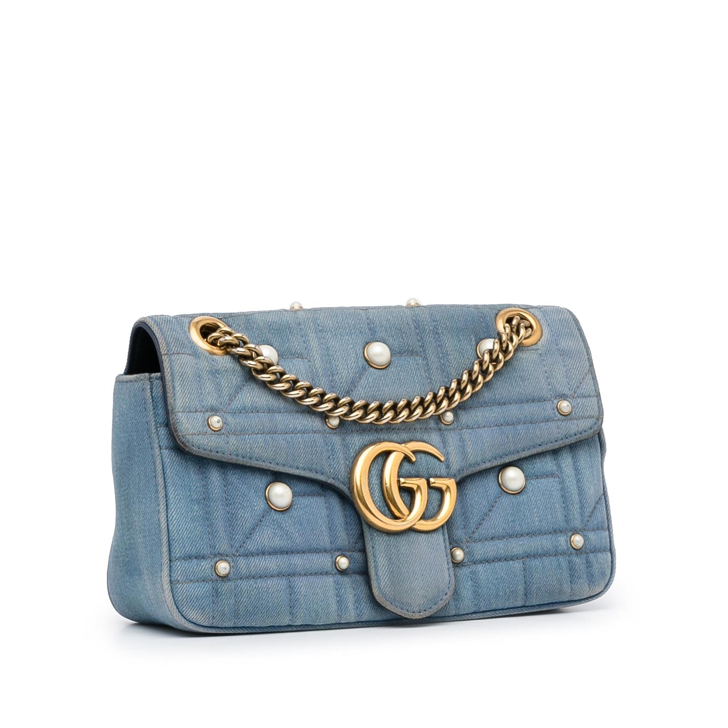 Gucci GG Marmont Pearl Studded SHG-lB59yk Matelasse Denim Calf Blue Crossbody Bag