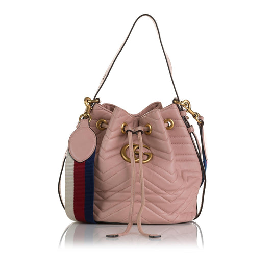 Gucci GG Marmont Web SHG-QWqd0K Calf Pink Bucket Shoulder Bag