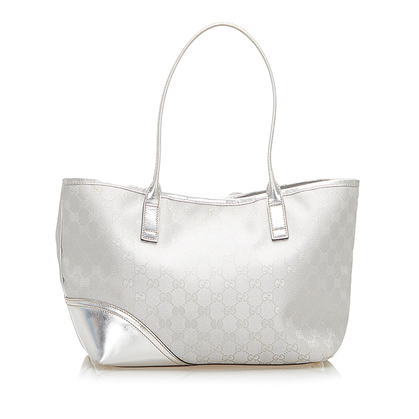 Gucci GG SHG Leather Nylon Patent Silver Tote Bag