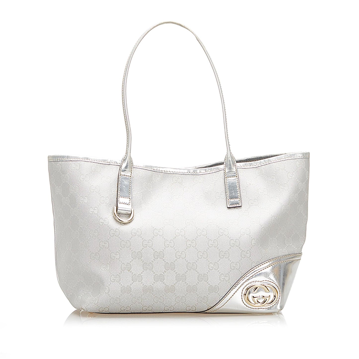 Gucci GG SHG Leather Nylon Patent Silver Tote Bag