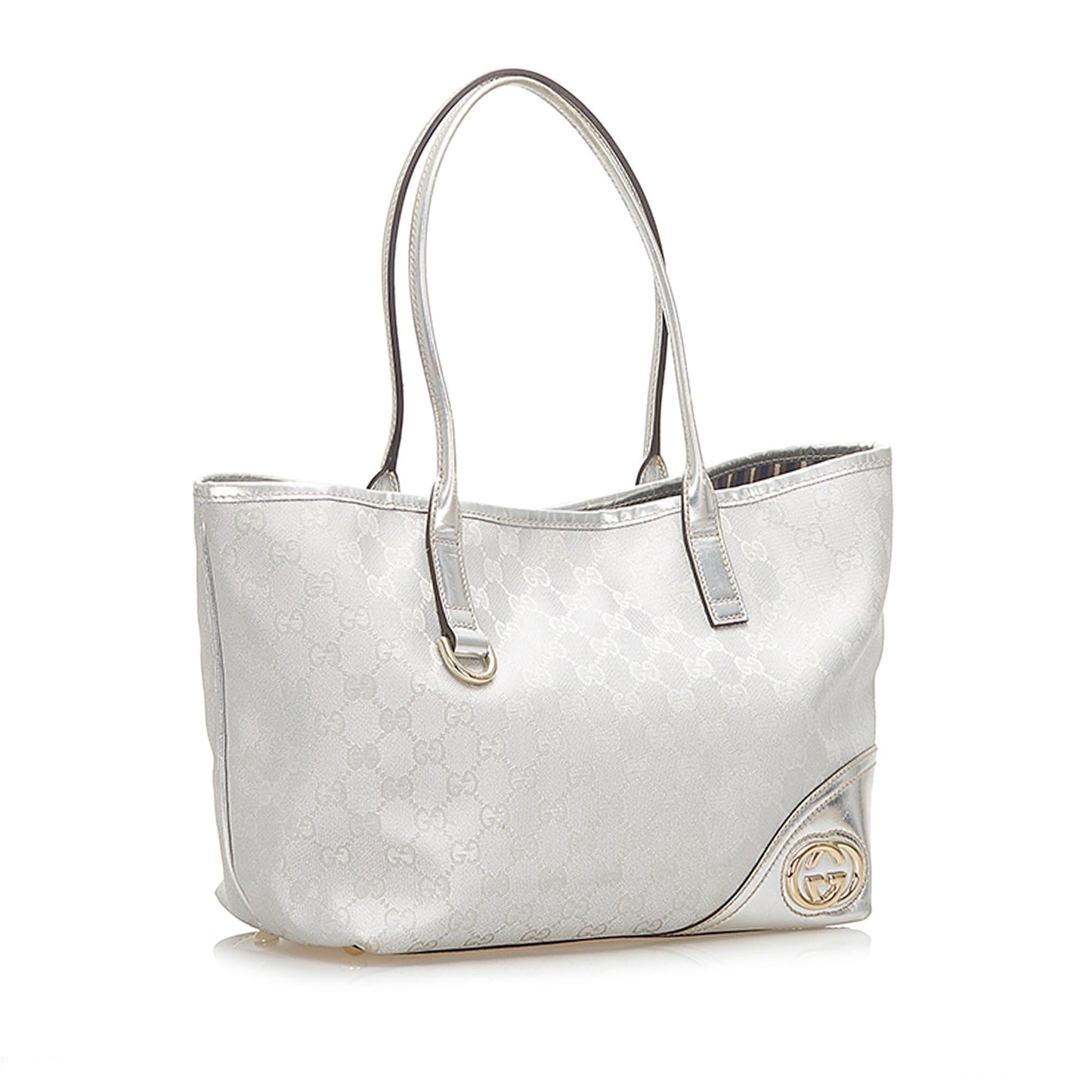 Gucci GG SHG Leather Nylon Patent Silver Tote Bag
