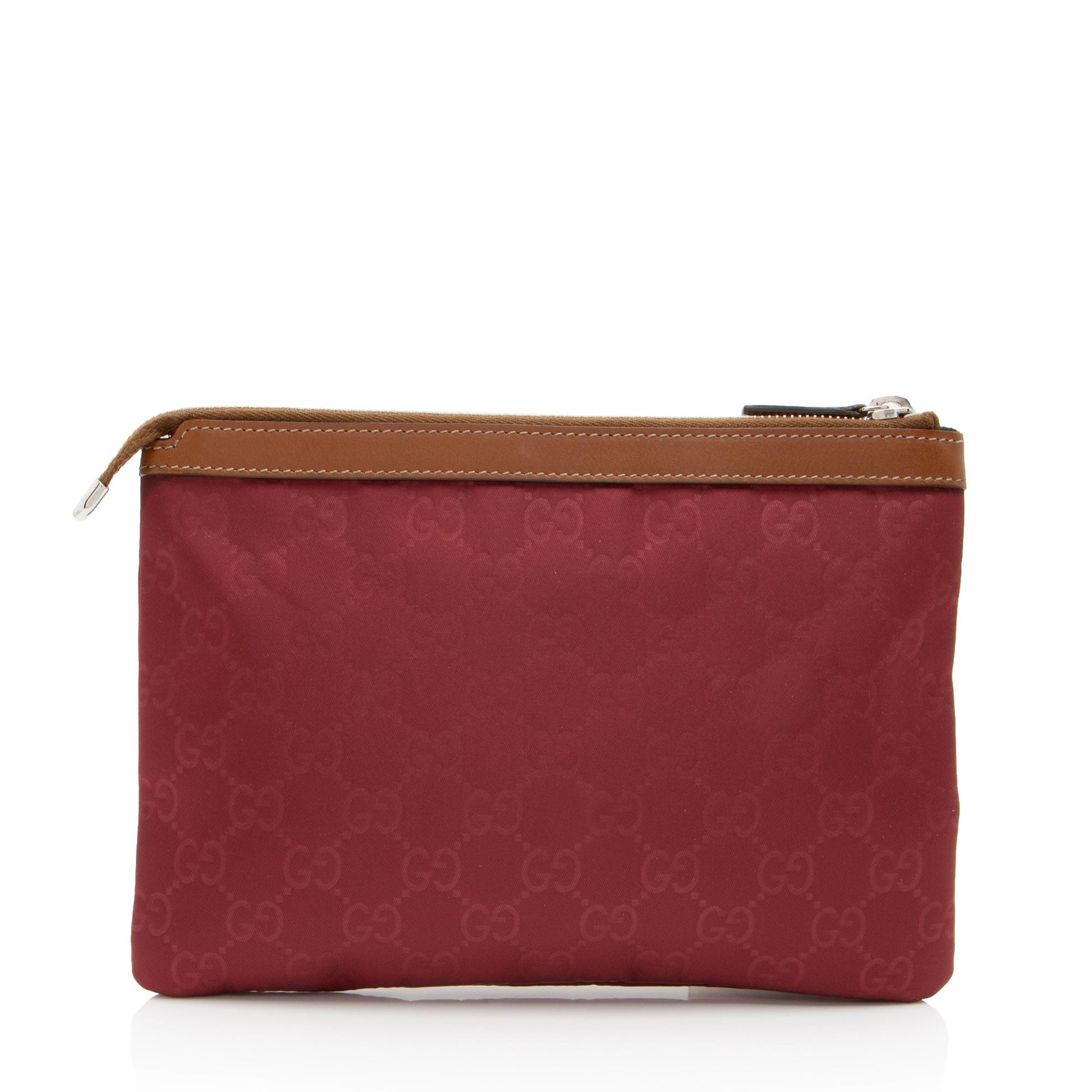 Gucci GG Zip Pouch Leather Nylon Brown Red Clutch Bag