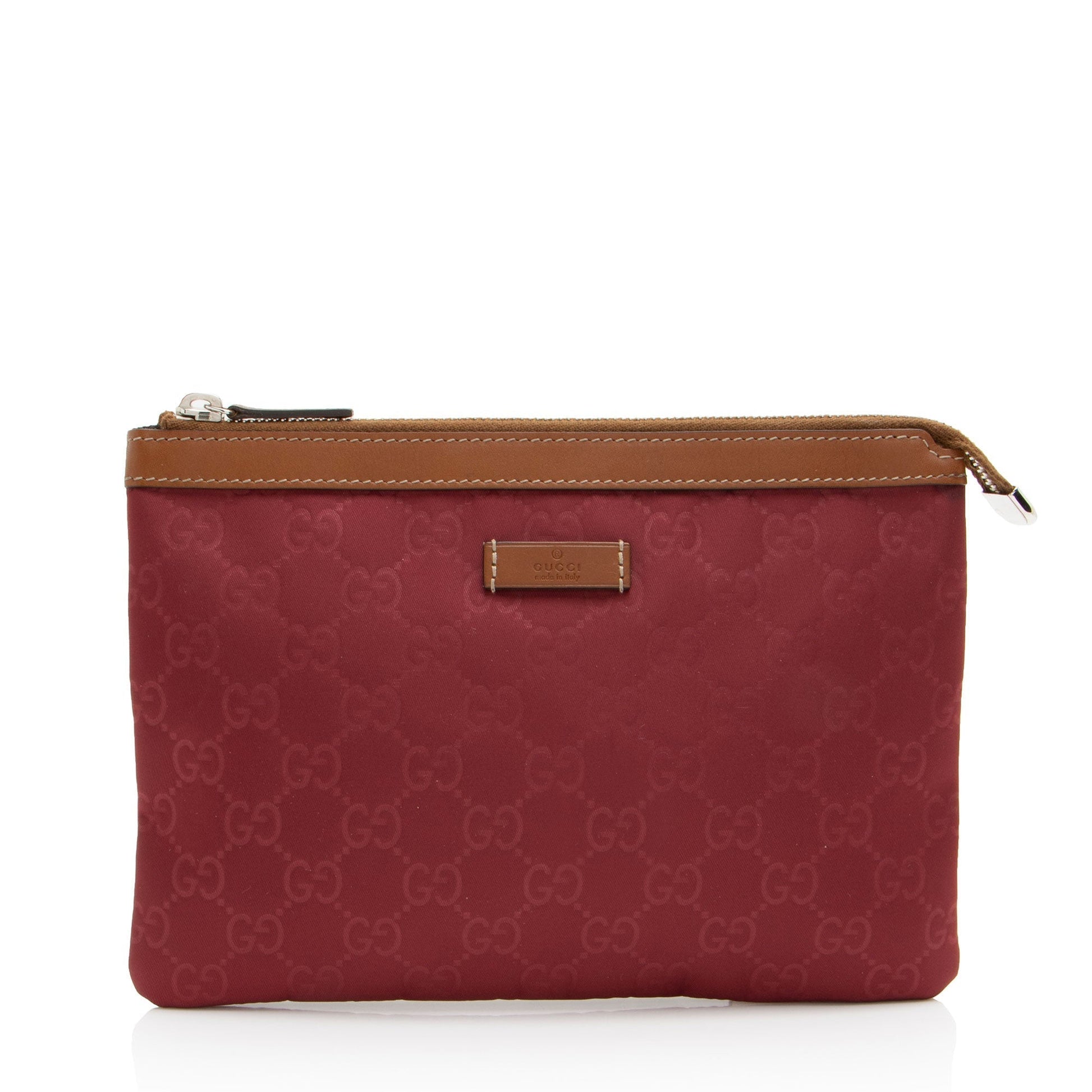 Gucci GG Zip Pouch Leather Nylon Brown Red Clutch Bag
