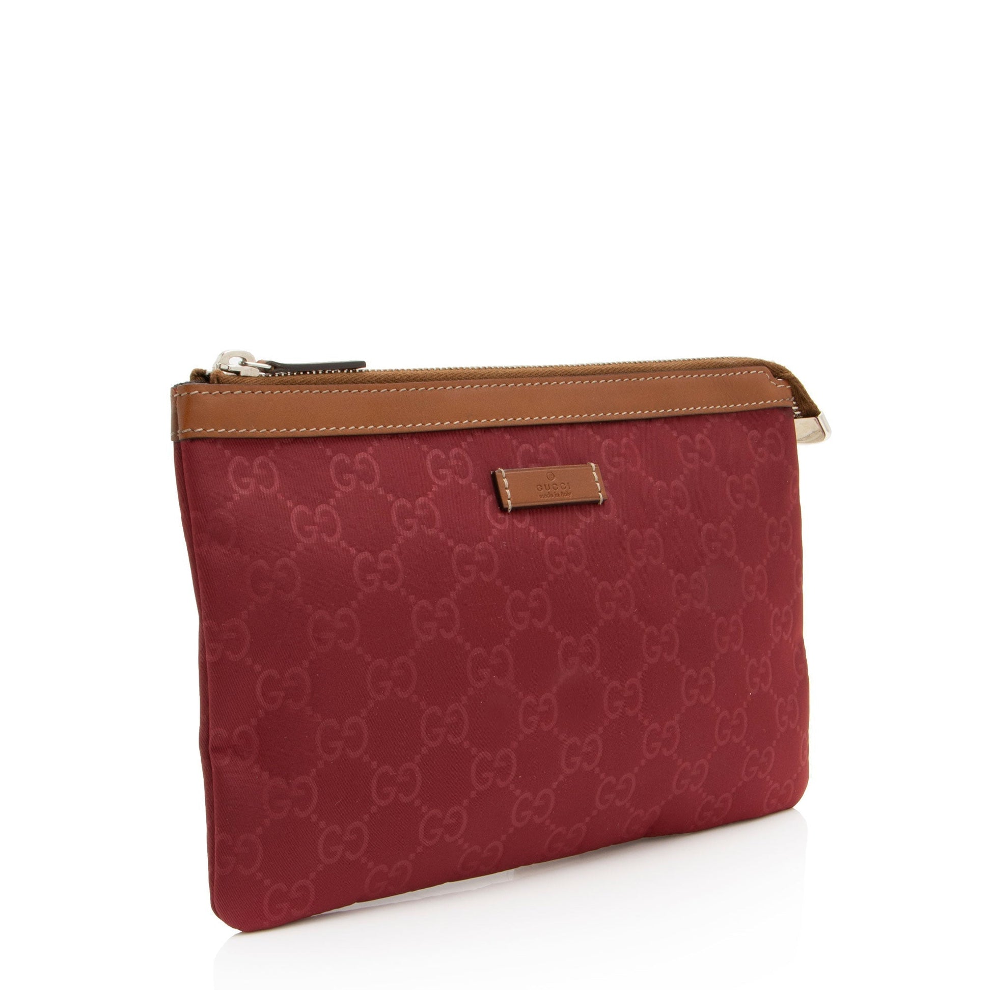 Gucci GG Zip Pouch Leather Nylon Brown Red Clutch Bag