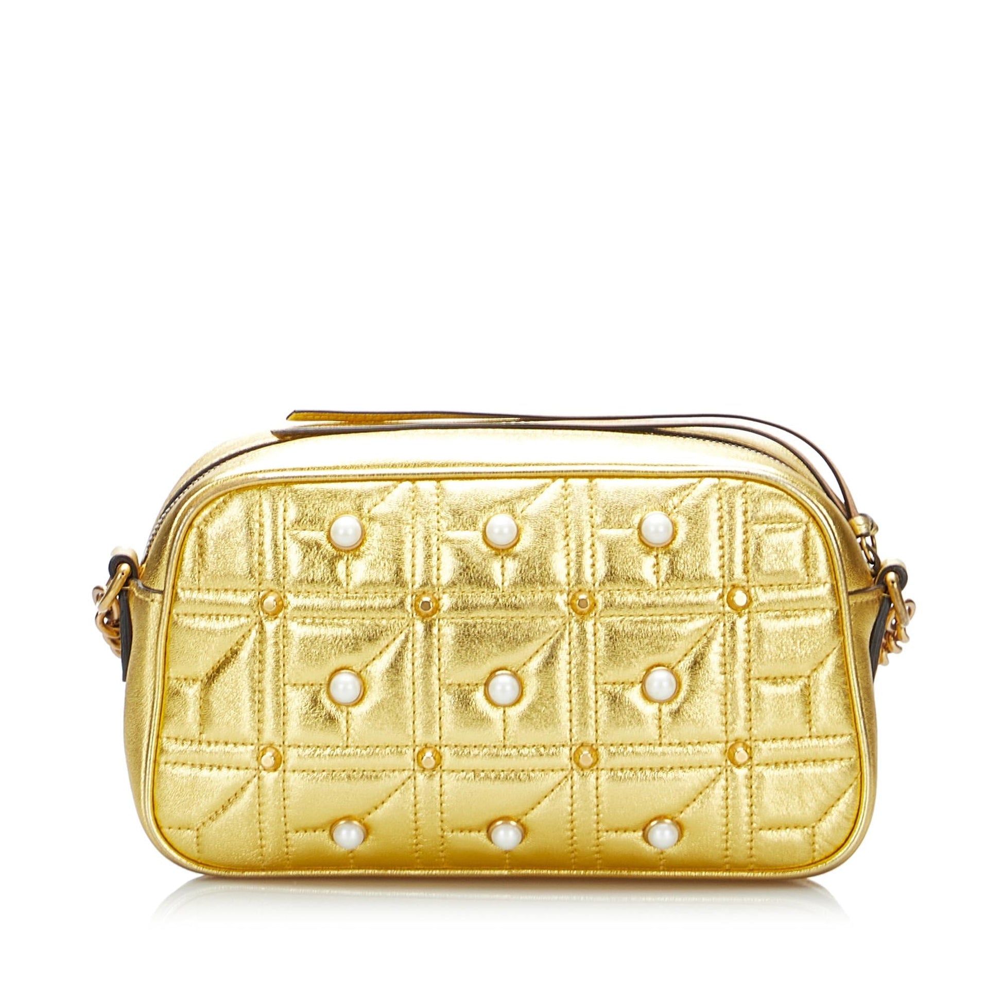 Gucci GG Pearl Studded Marmont SHG-xdcmNu Leather Calf Gold Crossbody Bag