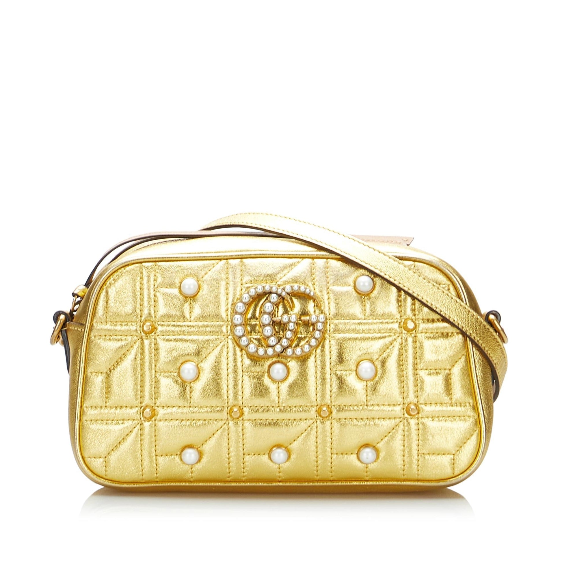 Gucci GG Pearl Studded Marmont SHG-xdcmNu Leather Calf Gold Crossbody Bag