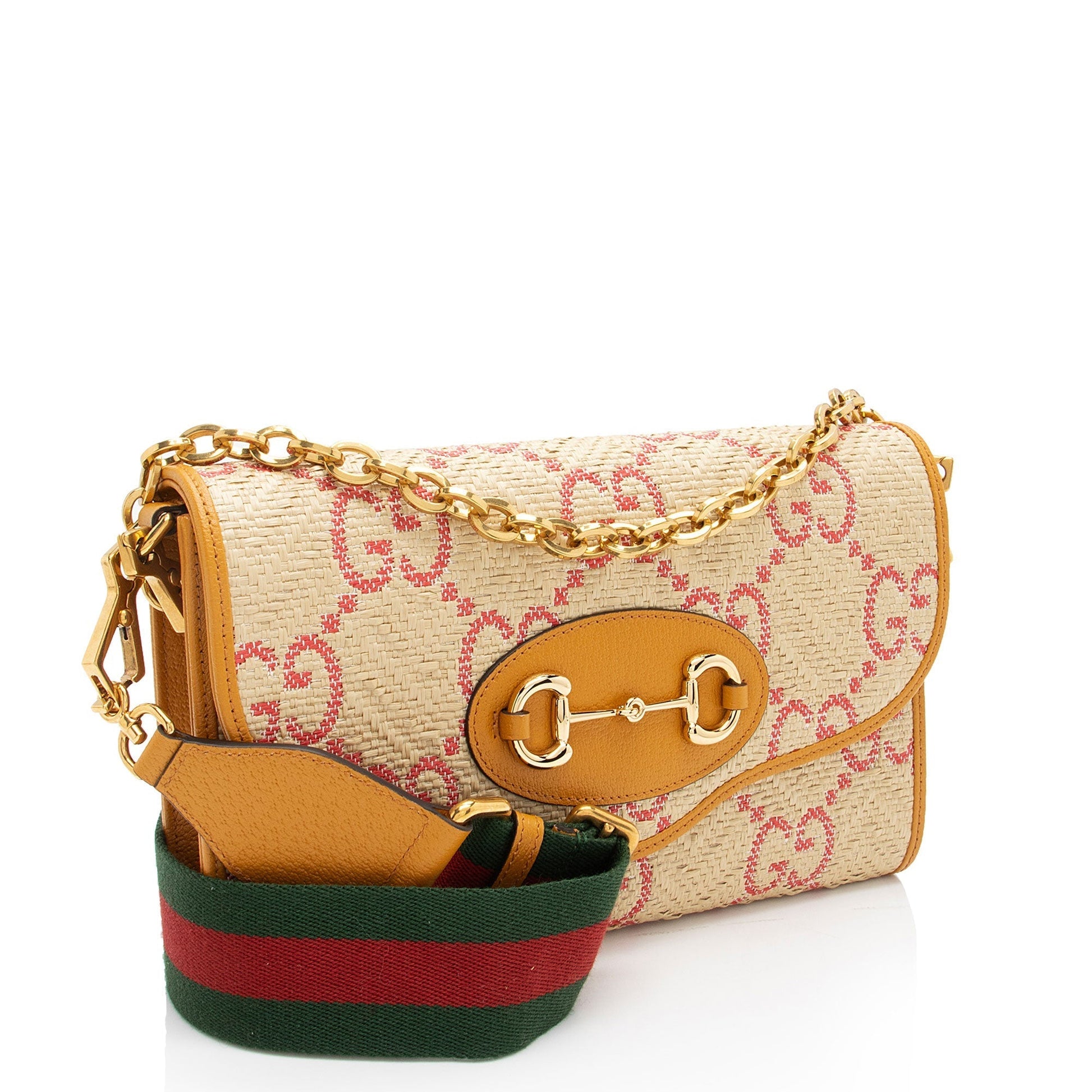 Gucci GG Horsebit Leather Raffia Nylon Beige Crossbody Bag