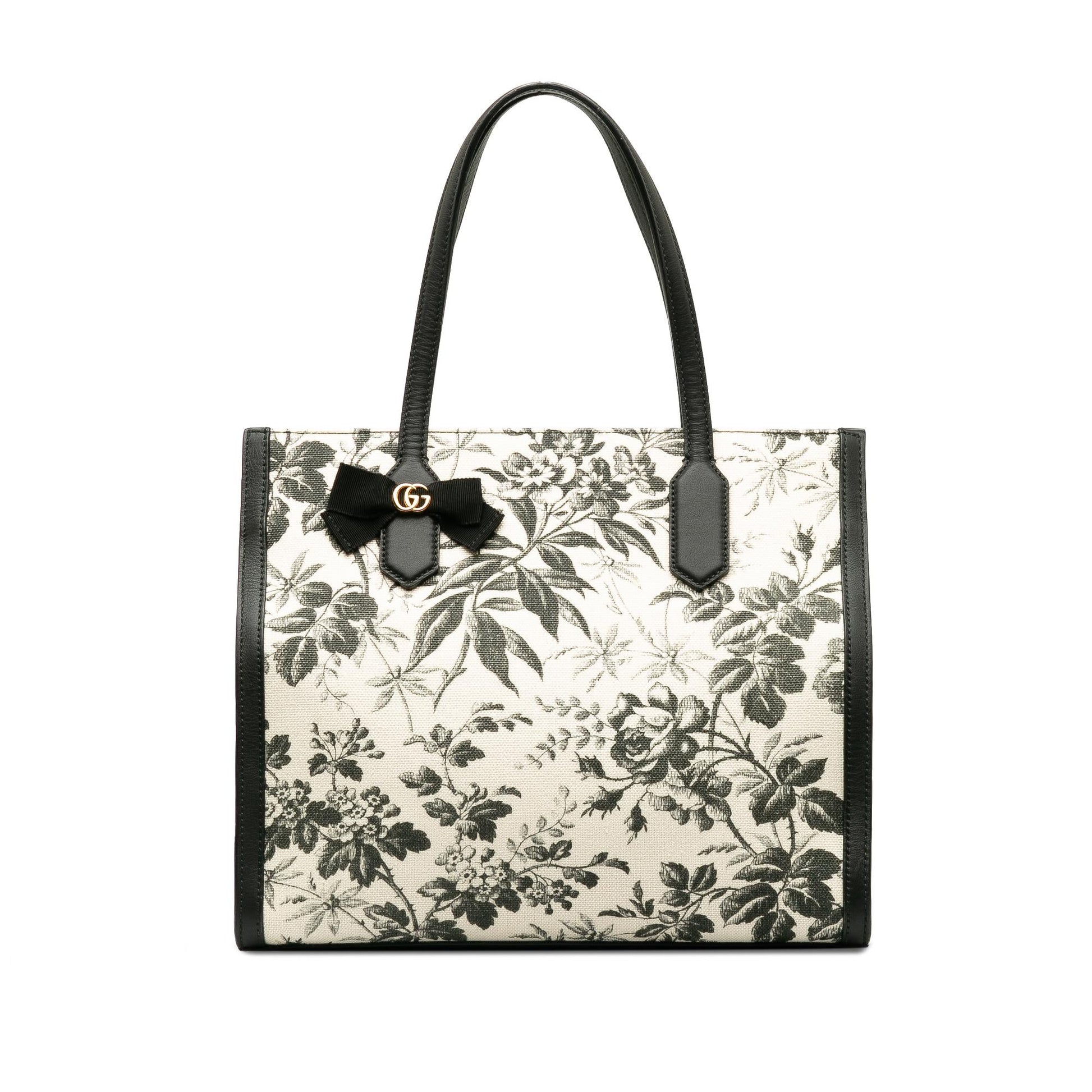 Gucci GG Ribbon Herbarium SHG-7OJiGT Canvas Calf Black White Tote Bag
