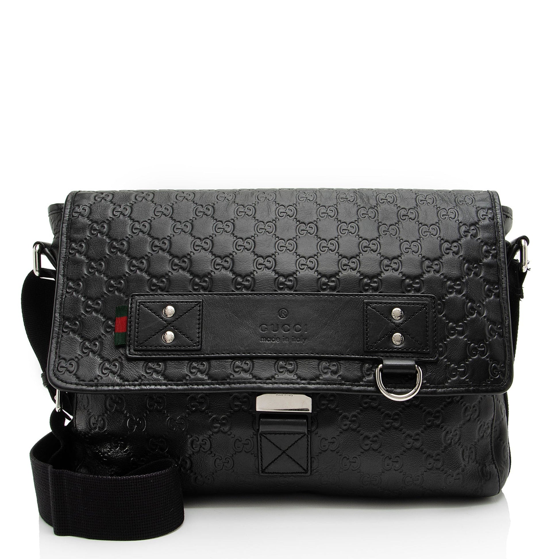 Gucci GG Rubber Effect Web Messenger Leather Nylon Black Medium Shoulder Bag