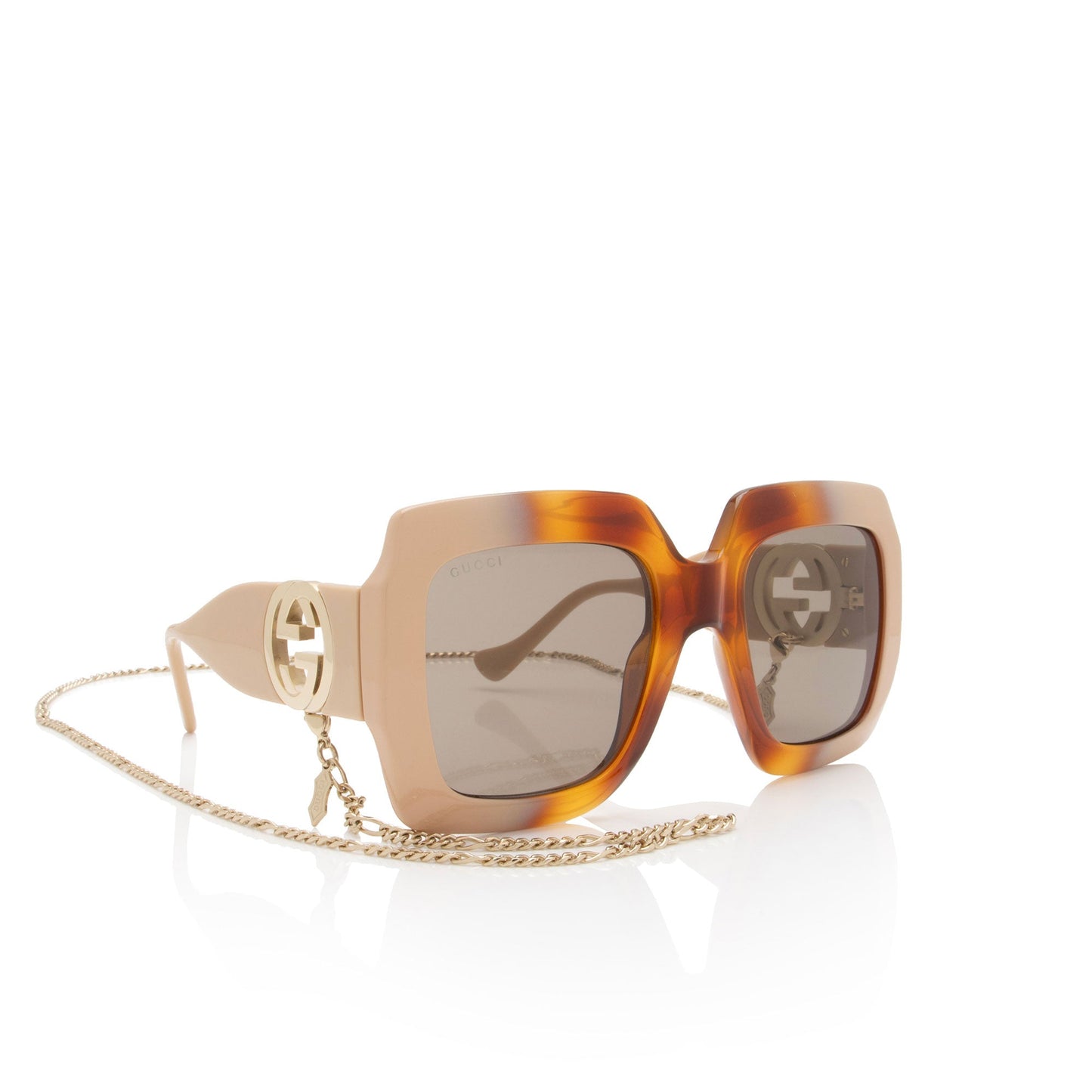 Gucci Interlocking G Square Sunglasses Brown Beige Pink Chain Accessory