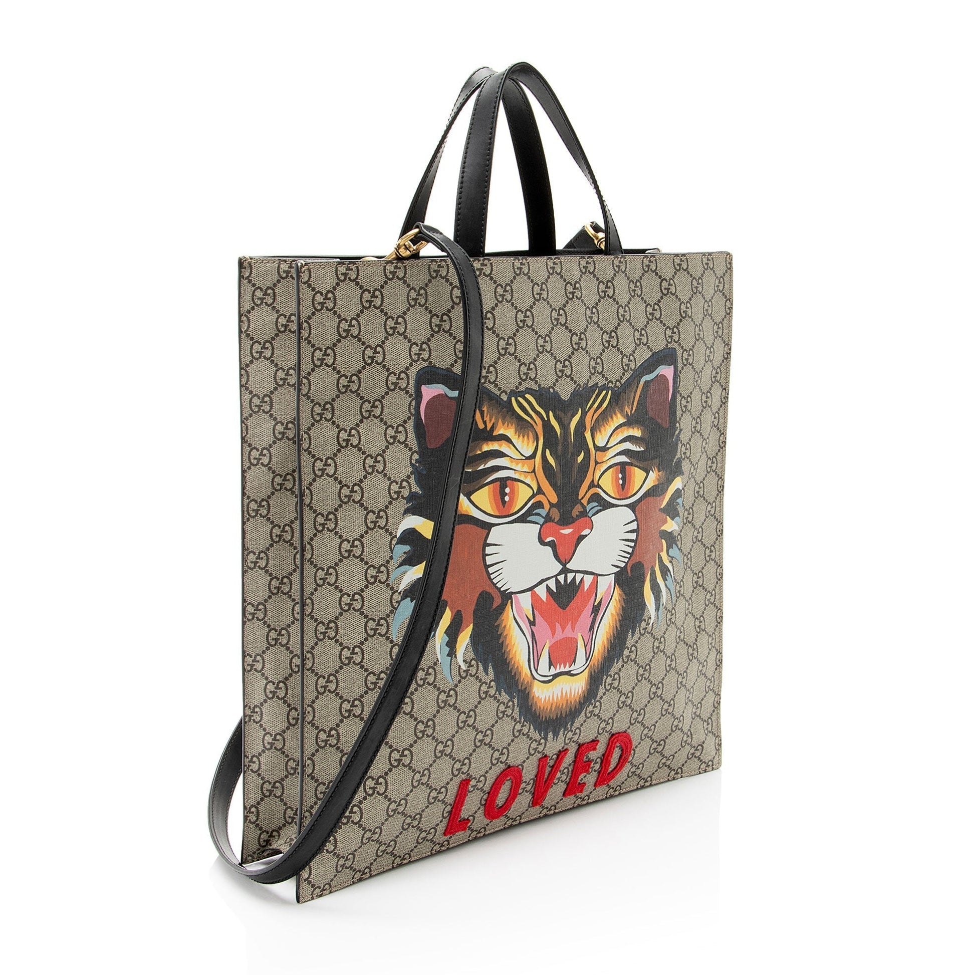 Gucci GG Supreme Angry Cat Leather Canvas Black Beige Tote Bag