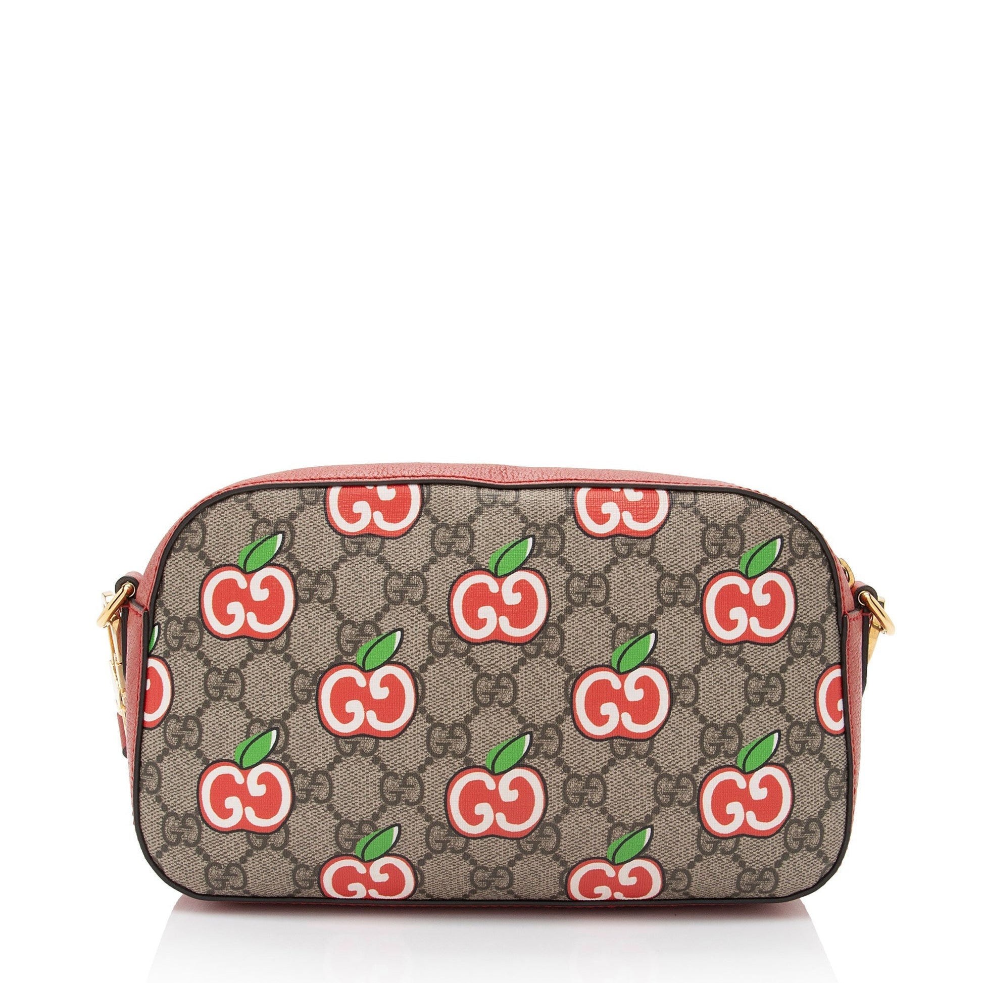 Gucci GG Supreme Apple Camera Leather Canvas Beige Red Crossbody Bag