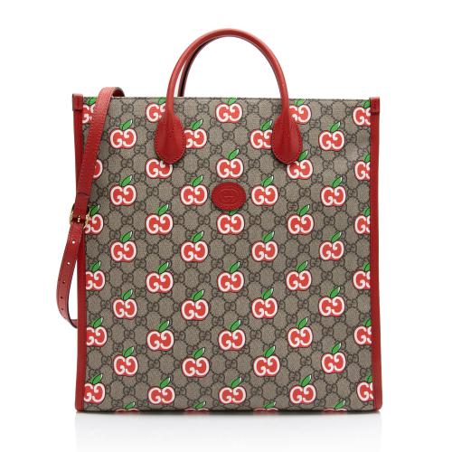 Gucci GG Supreme Apple N S Monogram Leather Canvas Beige Tote Bag
