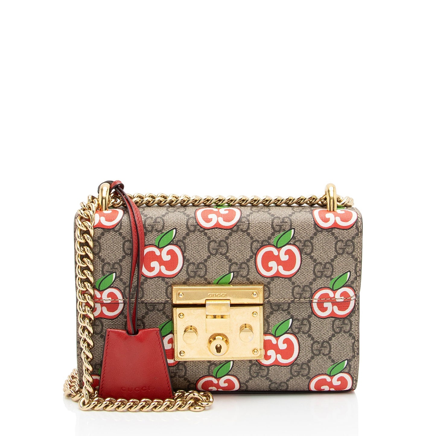 Gucci GG Supreme Apple Padlock Leather Canvas Beige Red Crossbody Bag