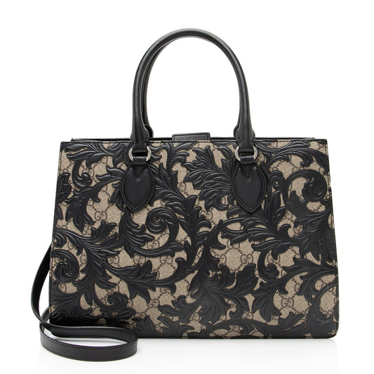 Gucci GG Supreme Arabesque Top Handle Leather Canvas Black Beige Tote Bag