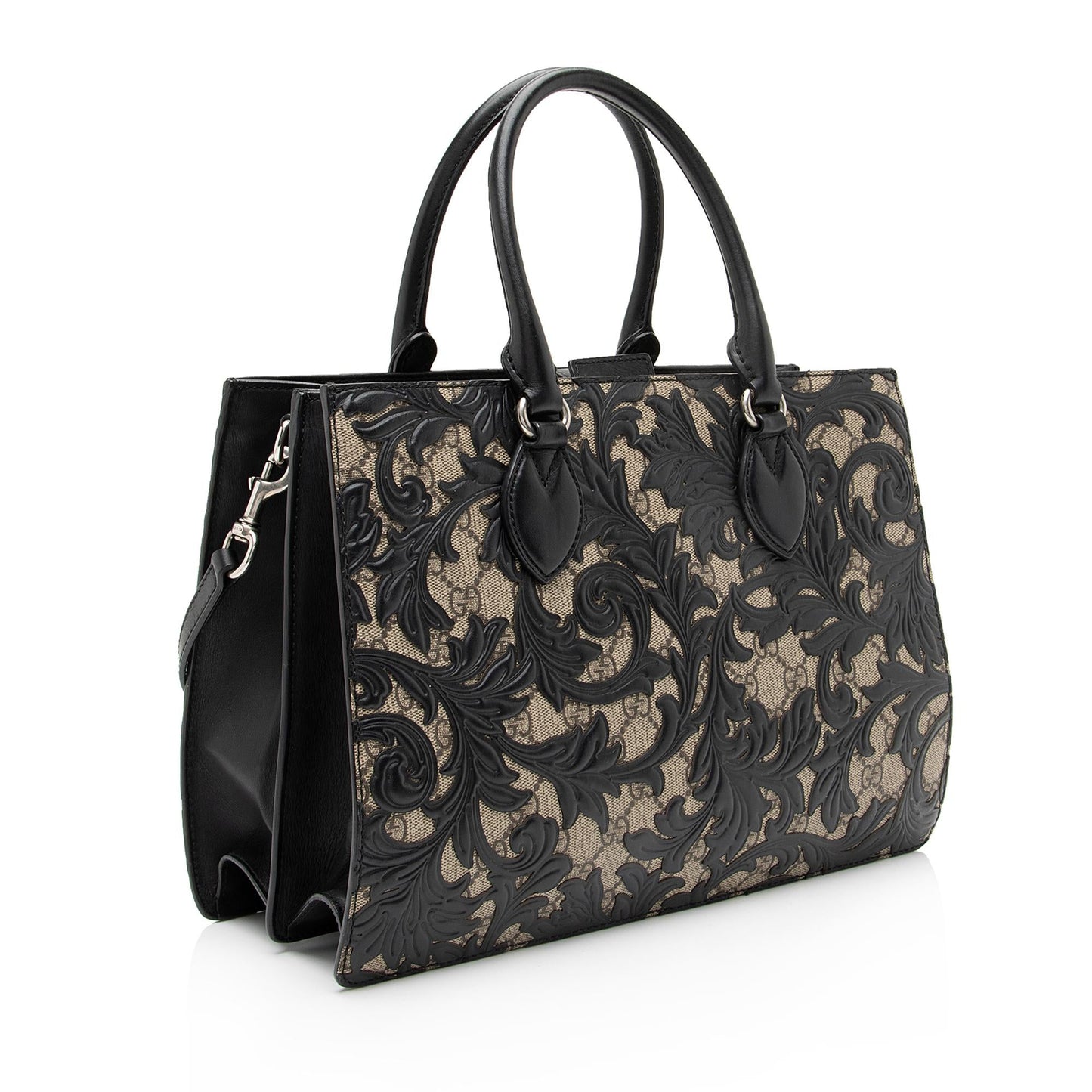 Gucci GG Supreme Arabesque Top Handle Leather Canvas Black Beige Tote Bag