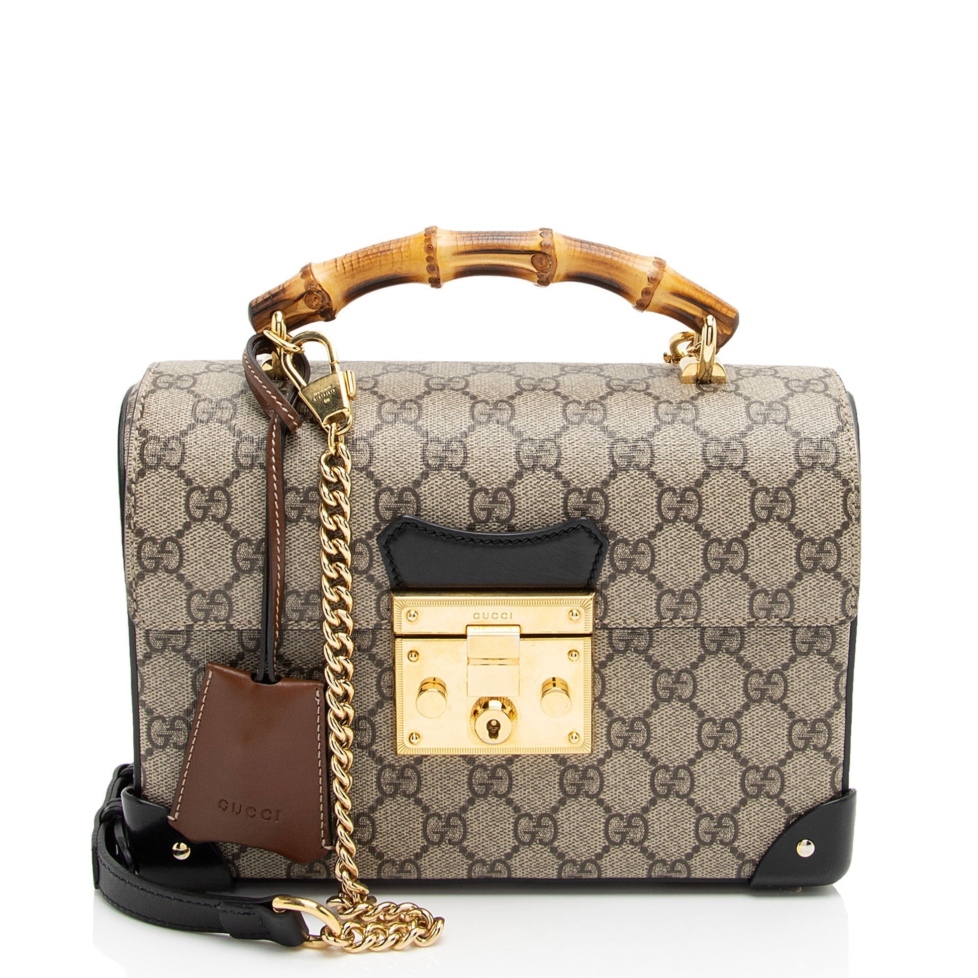Gucci GG Supreme Bamboo Padlock Top Leather Canvas Black Brown Crossbody Bag