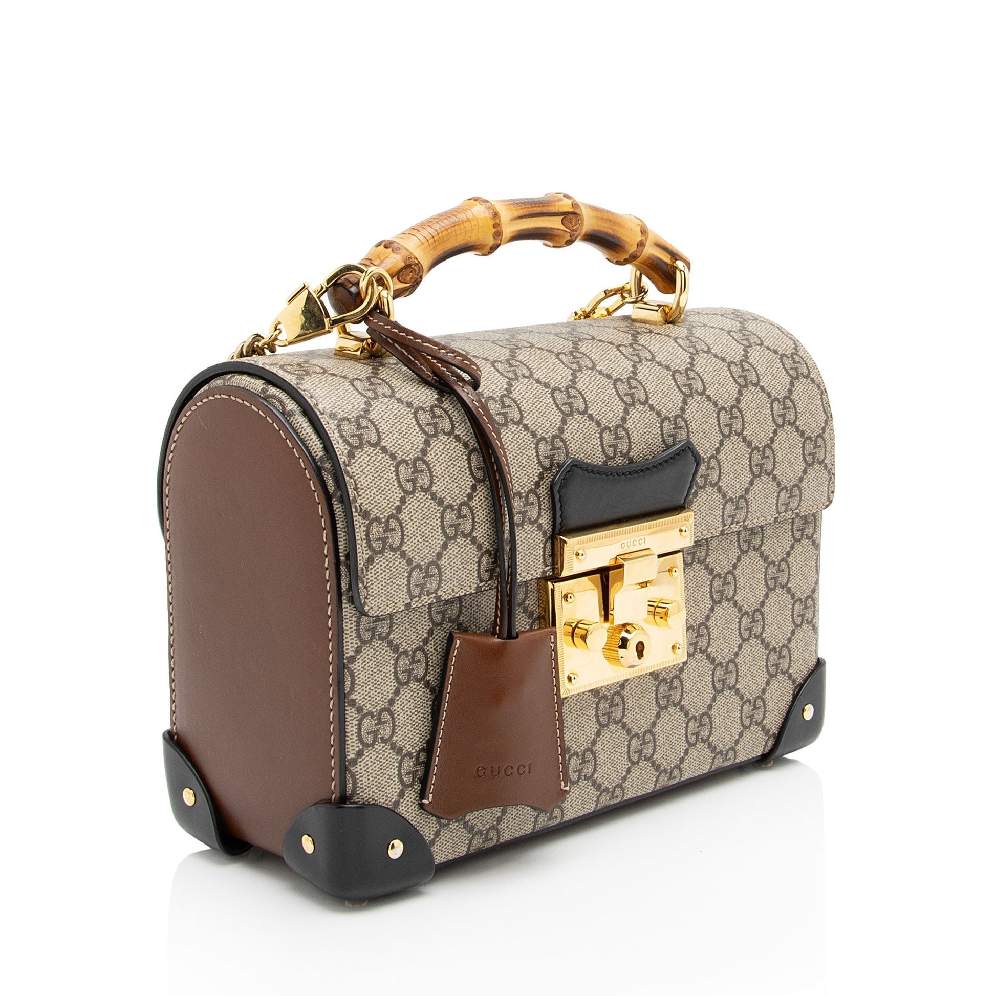 Gucci GG Supreme Bamboo Padlock Top Leather Canvas Black Brown Crossbody Bag